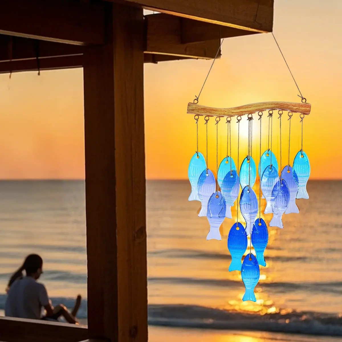 Handmade Blue Glass Fish Wind Chime, Large Hanging Wind Chime with Colorful Glass Fish Ornament for Garden, Patio, Balcony and Home Decor, Indoor Outdoor Hanging Decoration for Beach Party, Wedding, Halloween, Christmas, Easter and Valentine's Day