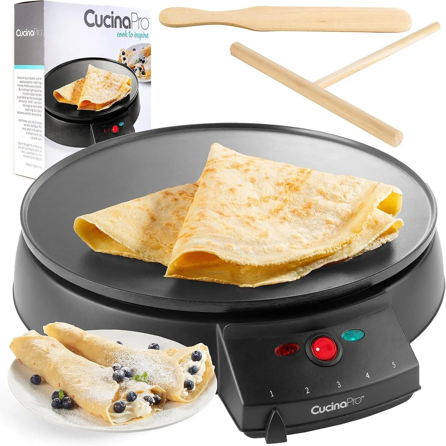12" Griddle & Crepe Maker, Non-Stick Electric Crepe Pan with Batter Spreader & Recipe Guide- Dual Use Hot Plate for Breakfast Brunch, Blintzes, Eggs, Pancakes- Portable, Adjustable Temp Settings, Gift