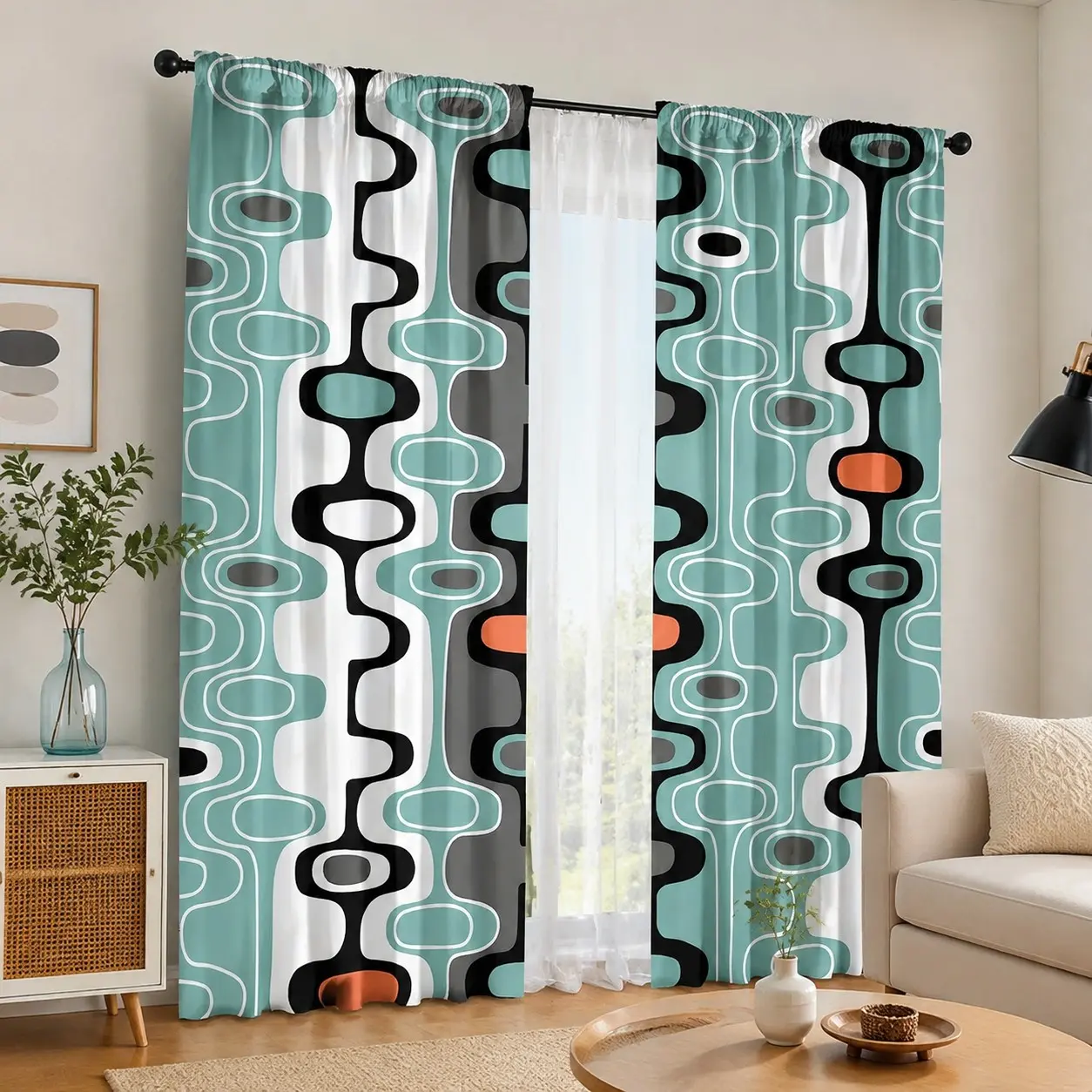 Set of 2 Vintage Atomic Age Curtains, Curtain Panels, Light-Transmitting, Ideal for Bedroom, Kitchen, Living Room, Guest Room, Hotel