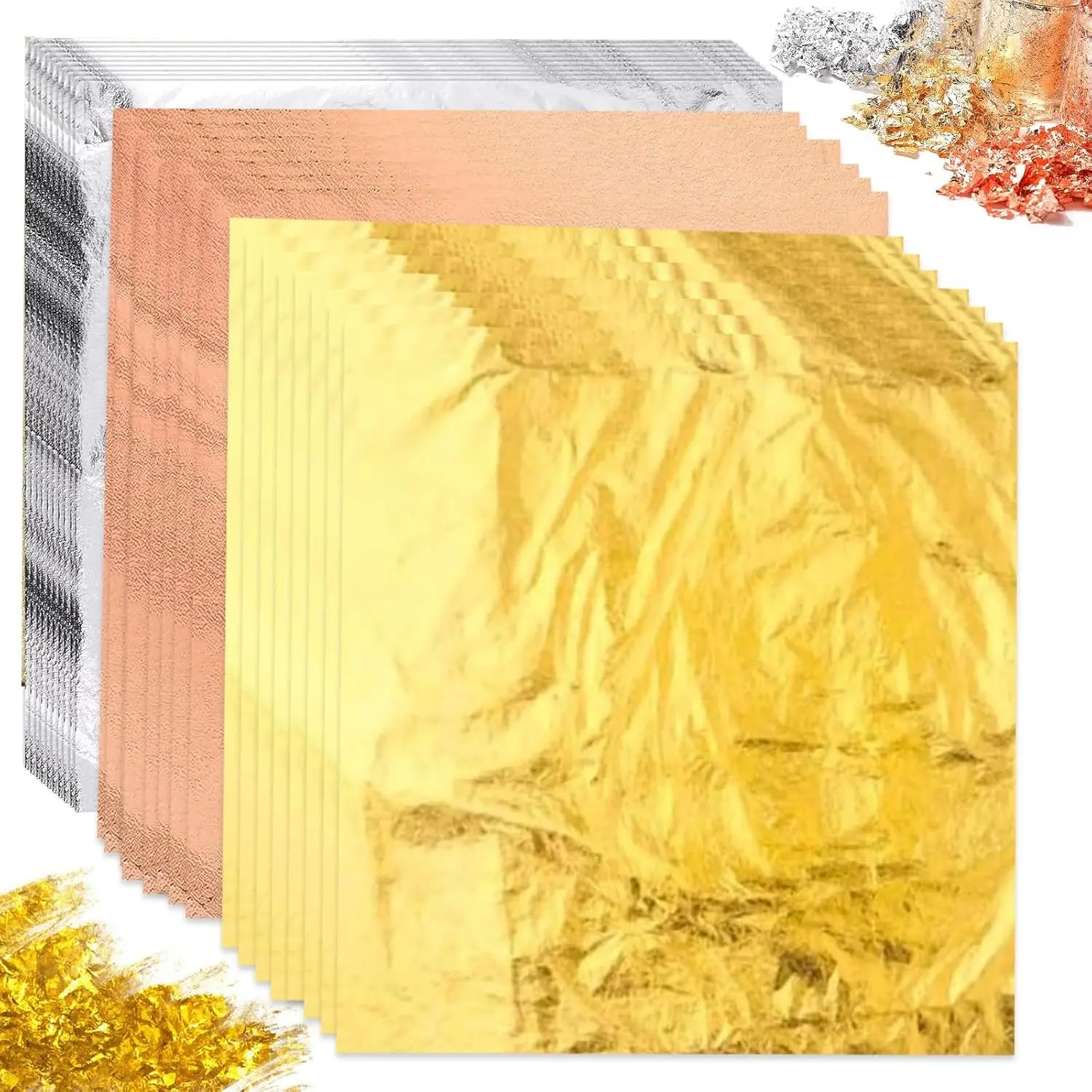 150 Pcs 3 Colors Metallic Gold Leaf Sheets, 5.5 x 5.5 Inch (14x14 cm) Gold Foil Sheets for Art Crafts Nails Painting Gilding DIY Decor, Multi-Surface Use