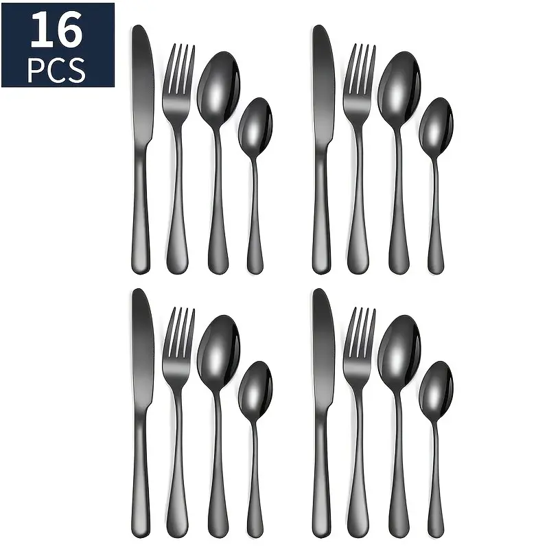 16pcs Set of Black Knives, Forks, And Spoons, Featuring Elegant Stainless Steel Cutlery Designed for Four People. This Mirror-Polished Tableware Is Dishwasher Safe And Ideal for Home, Kitchen, Restaurants, And Parties