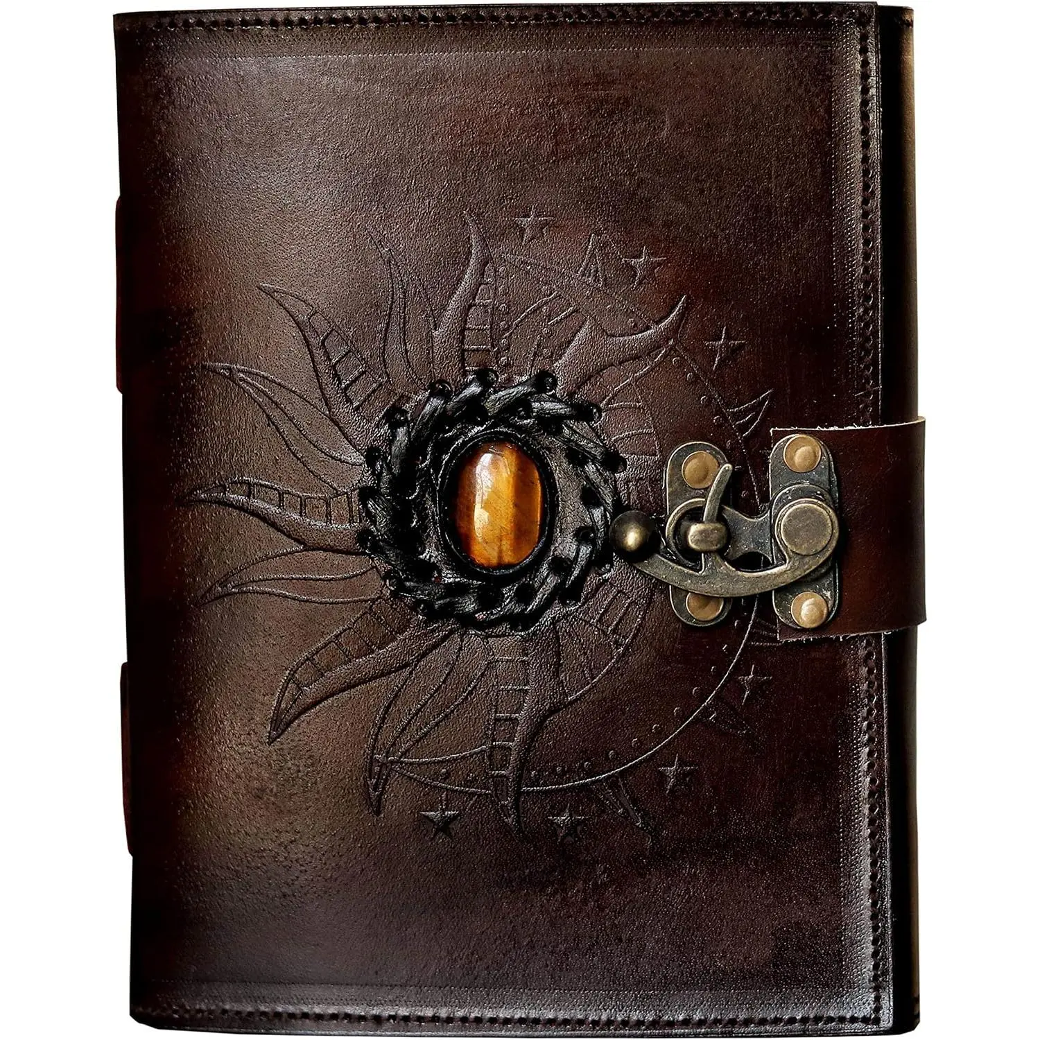 Leather Sun and Moon Tiger Stone Brown Journal for Women 8X6 Leather Sketchbook Blank book Unlined Deckle  Paper Diary