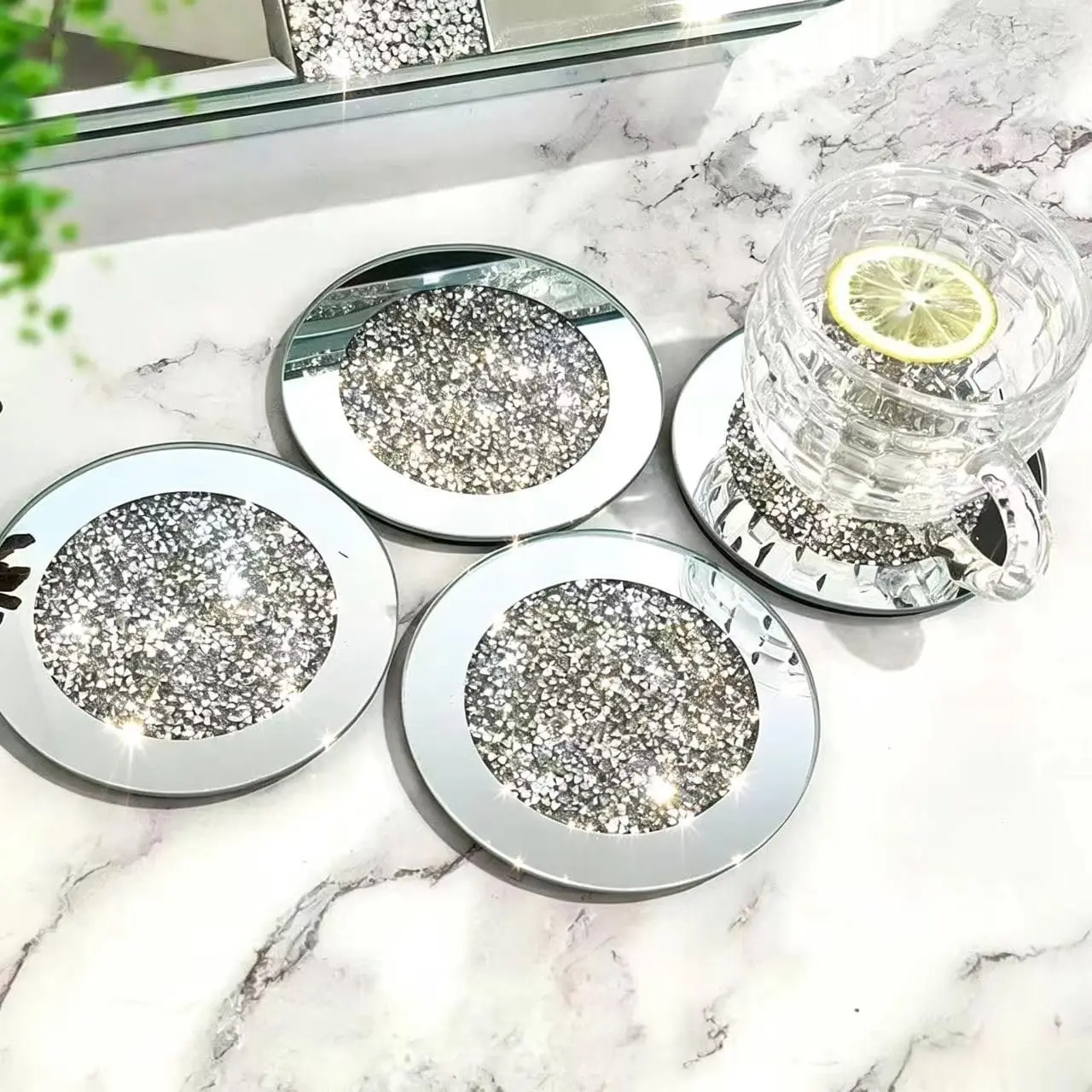Glass Mirrored Coaster 4 PC, Crushed Diamond Round 4" Cup Mat Tabletop Decor for Bar Tools Dining Table