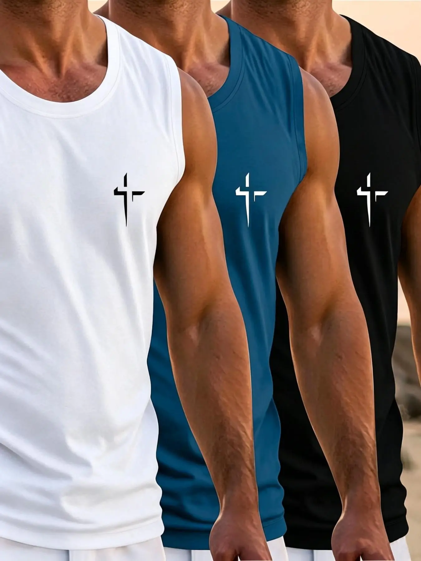 3 Pack Men Wide Strap U Neck Tank Tops Minimalist Small Cross Chest Faith Graphic Print Breathable Quick Dry Christian Athletic Workout Casual Sleeveless Singlets Multipack