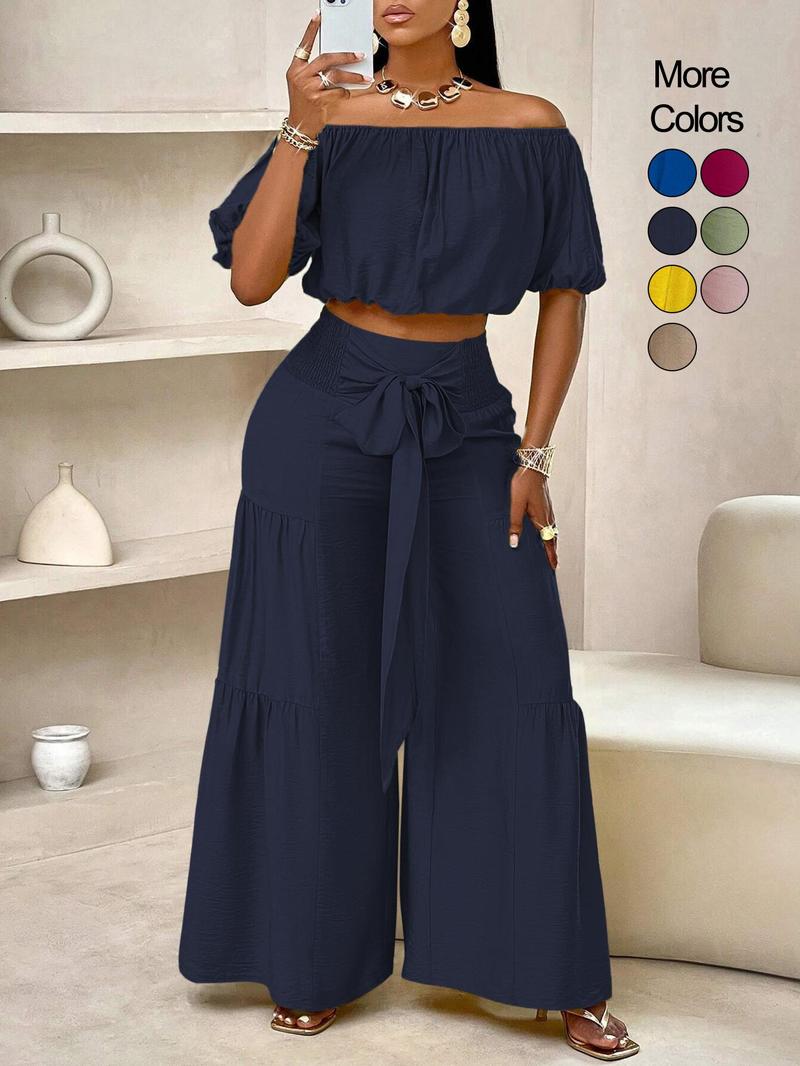 Women's Solid Color Top & Wide Leg Pants Set, Casual Off Shoulder Top & Palazzo Pants for Summer, Ladies Clothes for Beach Holiday Vacation, Womenswear