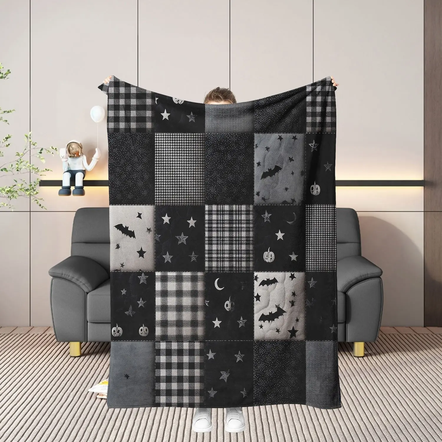 1PC Black White Plaid Patchwork Halloween Flannel Blanket, Decorative Throw Blanket, Buffalo Check Pumpkin Moon Patch Print Soft Throw Blanket, Neutral Halloween Lover Nap Cover For Sofa Office, All Season Minimal Holiday Decor Bed Throw
