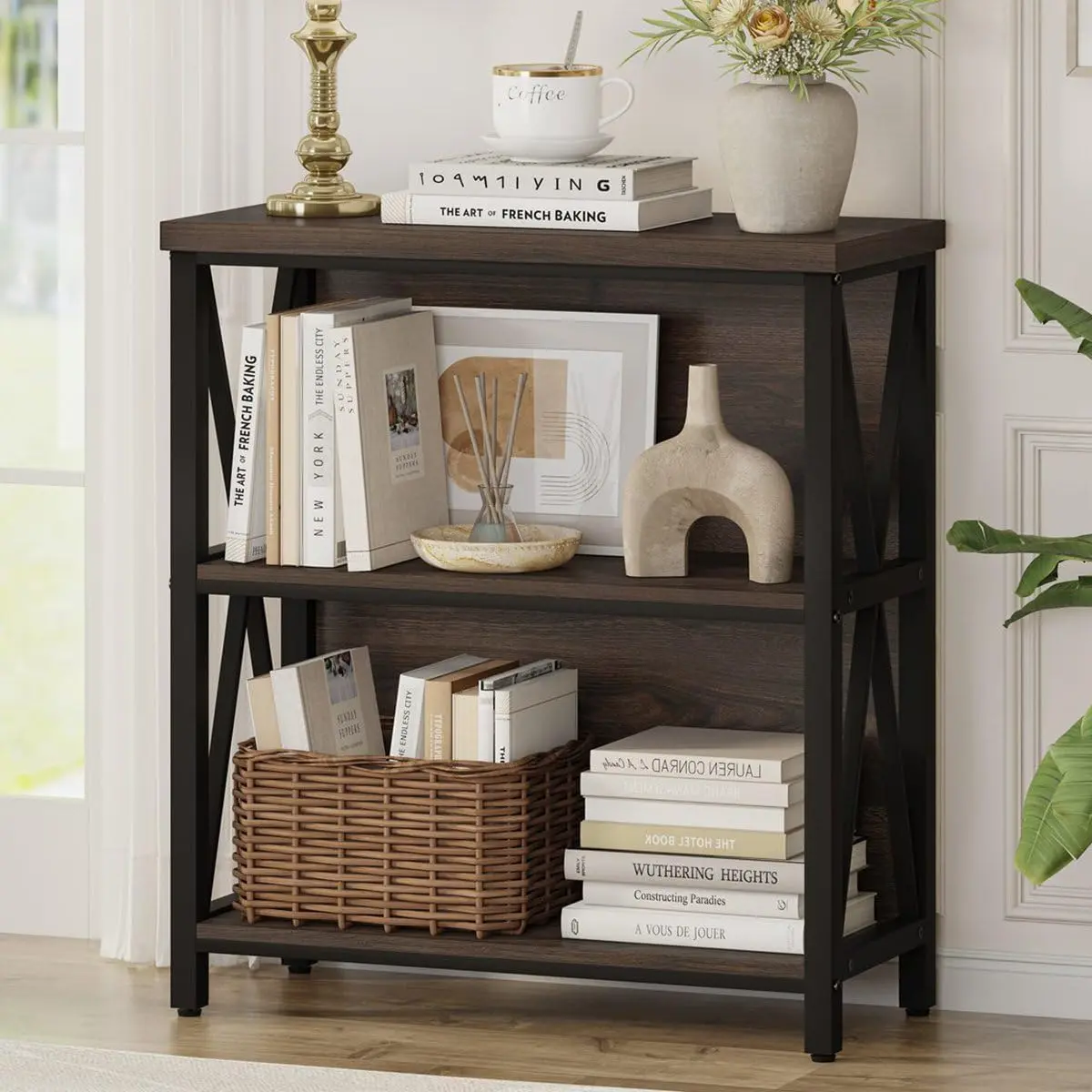 Small Bookshelf, 3 Shelf Bookcase for Living Room, Low Short Bookshelf, Industrial  Book Shelf and Rustic Book Case for Small Space,  Office (Dark Walnut)