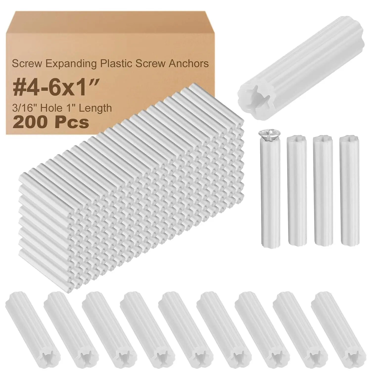 200 count Expanding Plastic Screw Anchors 3/16" Hole White Plastic Anchors for Concrete Masonry Tile Cement Bolt Expansion Tube for #4,5,6 Screws, Fix to Wall Drywall or Other (1")