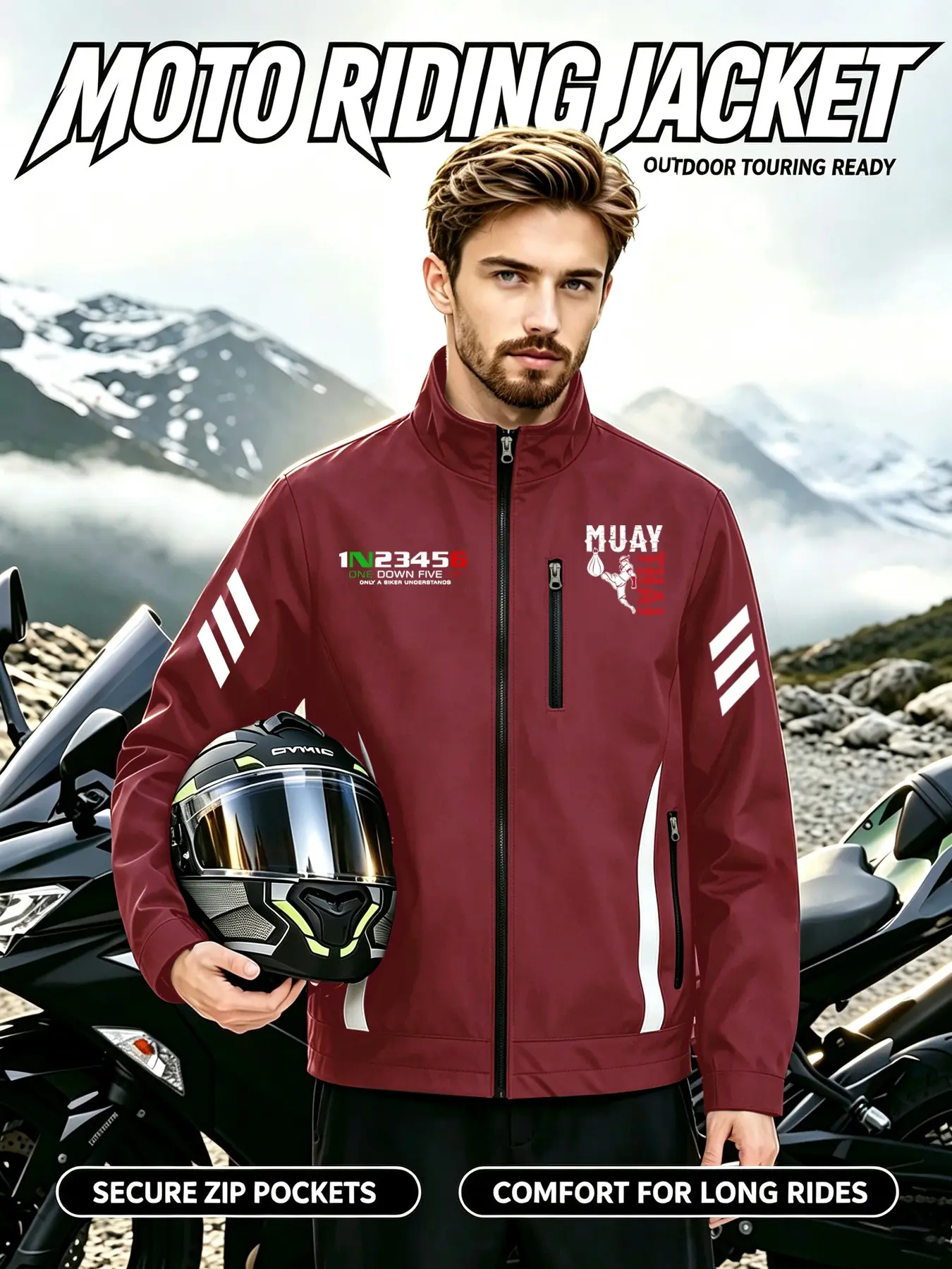 Muay Thai Thai Boxing Print Men's Patchwork Jacket, Design Zipper, Outdoor Sports Essential, Casual Loose-Fit Outerwear