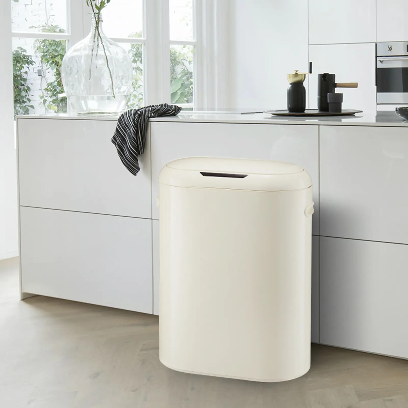 13-Gal (50L) Touchless Motion Sensor Trash Can, Slim Automatic Smart Waste Bin with Soft-Close Lid, Ideal for Kitchen & Office, White & Cream Options