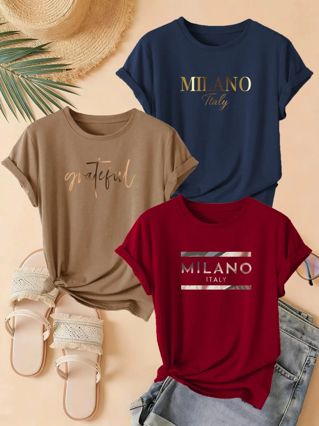 3-Pack Women's Casual T-Shirts, Letter Print, Polyester, Round Neck, Short Sleeve, Comfortable for Spring & Summer