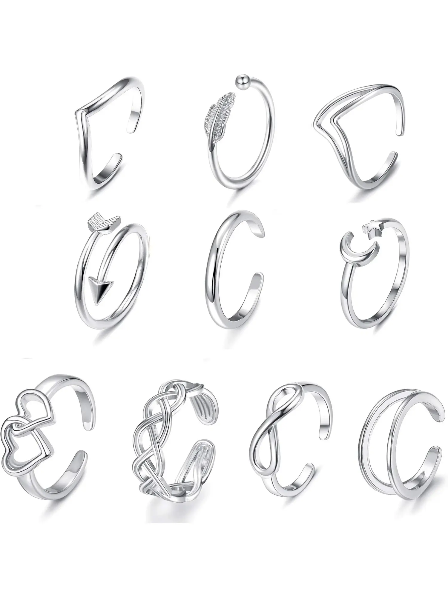 10Pcs Women Adjustable Stackable Open Ring Set, Simple Arrow Heart Wave Knot Trendy Knuckle Mid Stacking Stainless Steel Stackable Finger Rings Pack For Daily Matching