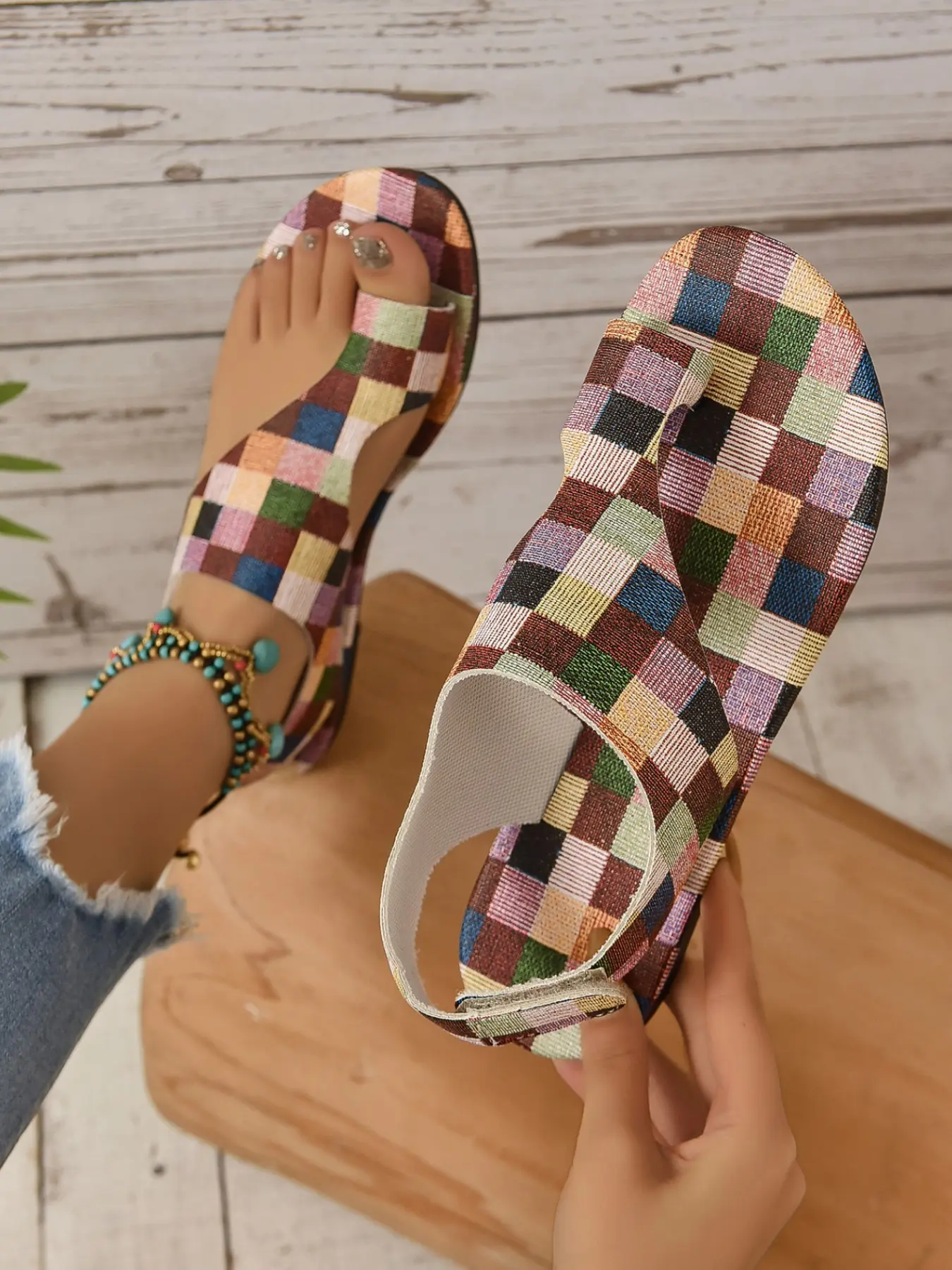Boho Colorful Plaid Toe Post Strap Flat Sandals, Ethnic Style Vacation Slippers, Casual Fabric Rubber Sole, All Seasons Comfort