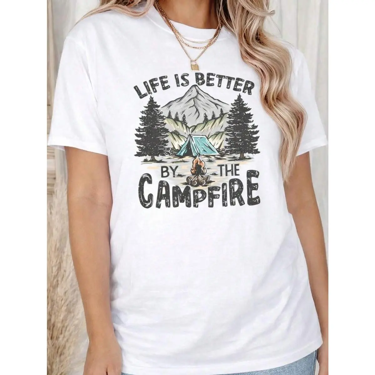Camping Graphic T-Shirt For Women Plus Size  Life Is Better By The Campfire Tee  Casual Outdoor Mountain Short Sleeve Summer Top