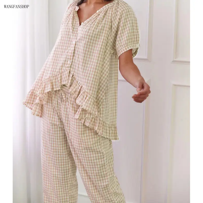 Women 2 Piece Vintage Y2K Gingham Plaid Pajama Set, Button Down Puff Sleeve Babydoll Top & Ruffle Matching Pants, Soft Lightweight Cute Loungewear Sleepwear for Summer Daily Home Outfits,Gradient,Color,Detachable,Plush,Tail Womenswear Homewear