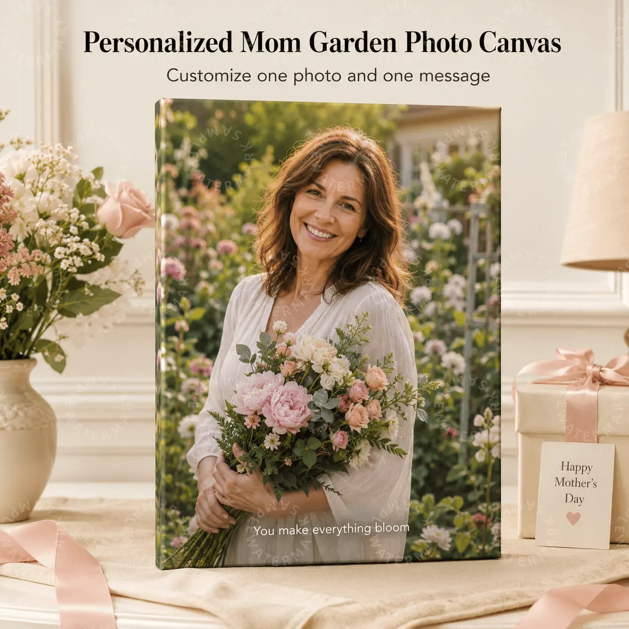 Customizable Personalized Mom Garden Photo Canvas Print, Gift Idea for Mom, Multi-Size Floral Wall Decoration with Custom Message, Home Decor for Bedroom-Living Room, Keepsake Photo Print