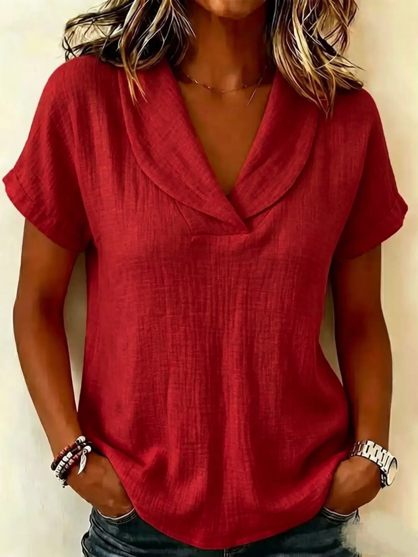 Summer Short Sleeve Top Butterfly Collar Solid Color Casual Basic Women's T-Shirt, Casual Stylish Tee, Comfortable and Stylish Summer Wear, Perfect for Daily