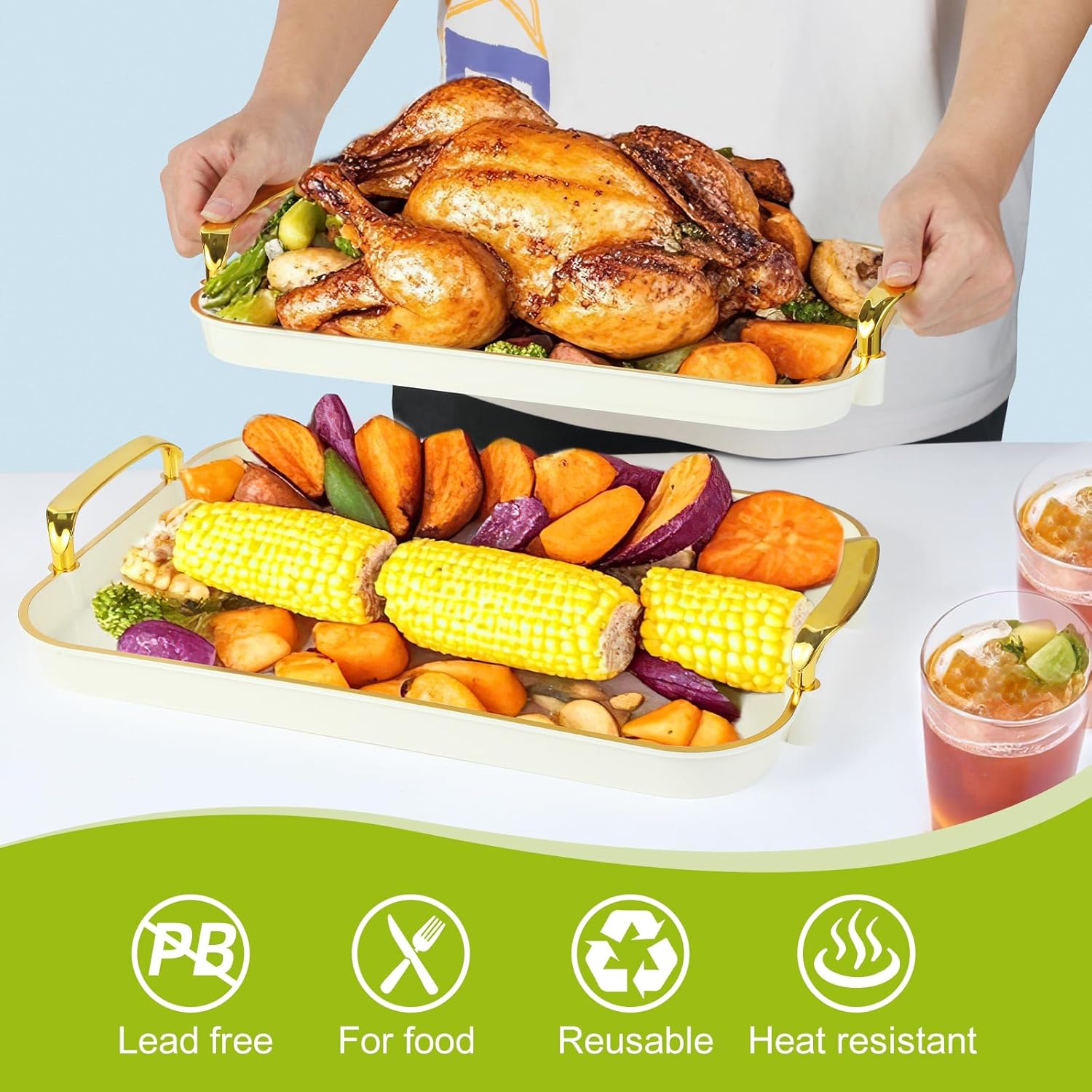 3 Pack Serving Tray with Handles, Stackable  Trays for Serving , Plastic Serving Platters for Party, Charcuterie, Fruit, Appetizer, Cream