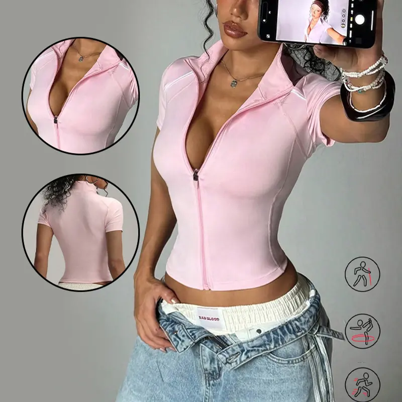 Women's Zip-Up Sports Jacket, Short-sleeved shirt Fitted Yoga Jacket, Indoor & Outdoor Athletic Wear, Suitable For All Seasons