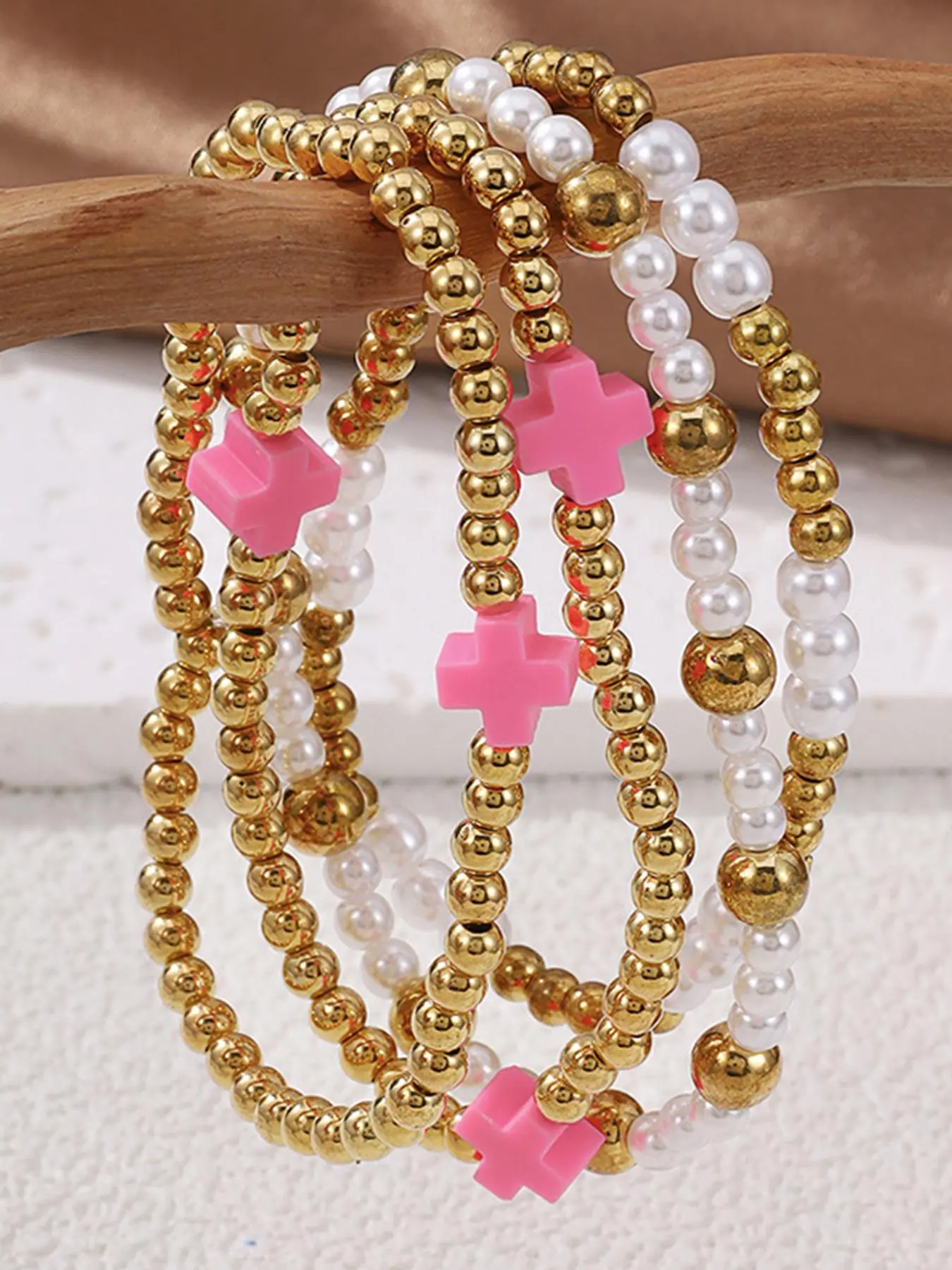 Four-piece Cross Beaded Pearl Bracelets, Light Luxury Minimalist Style, Smooth Flawless Pearls/Delicate Cross Metal Texture, Nice for Single/Layered Wear/Girlfriend Gifts, Suitable for Exquisiteness-pursuing Young Girls, Stackable Beaded Bracelet