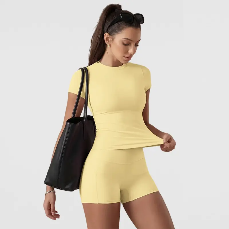 Women's Solid Color athleisure Set, Basic Versatile T-Shirt Top, Fashion Multi-Purpose Slimming Hip-Lifting Gym Shorts, Yoga Fitness Gym, Multifunctional Sportswear free shipping