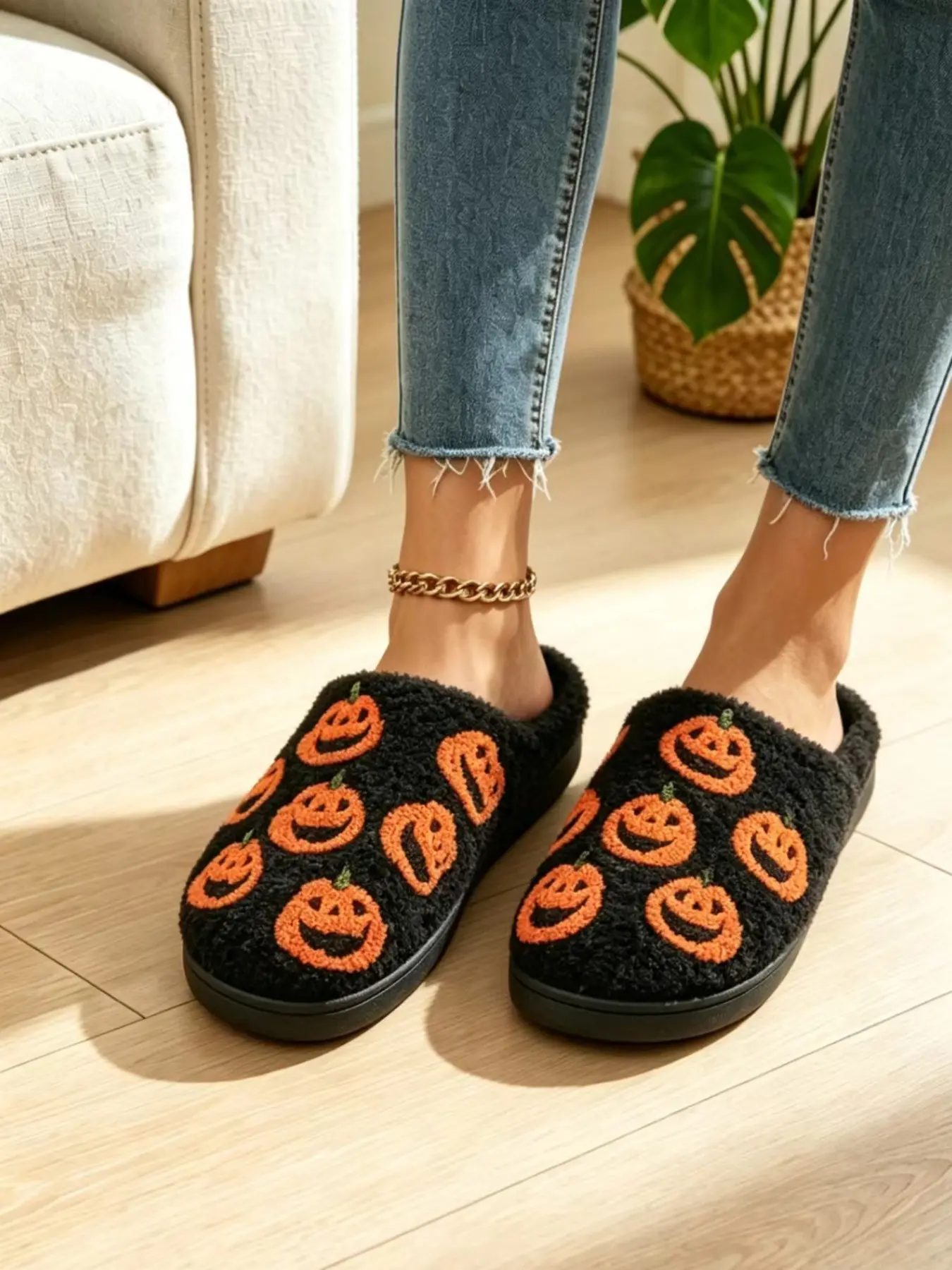 Women's Halloween Pumpkin Plush Cotton Slippers, Non-Slip Rubber Indoor Home Shoes, Fall Winter Fashion, Comfortable & Cozy