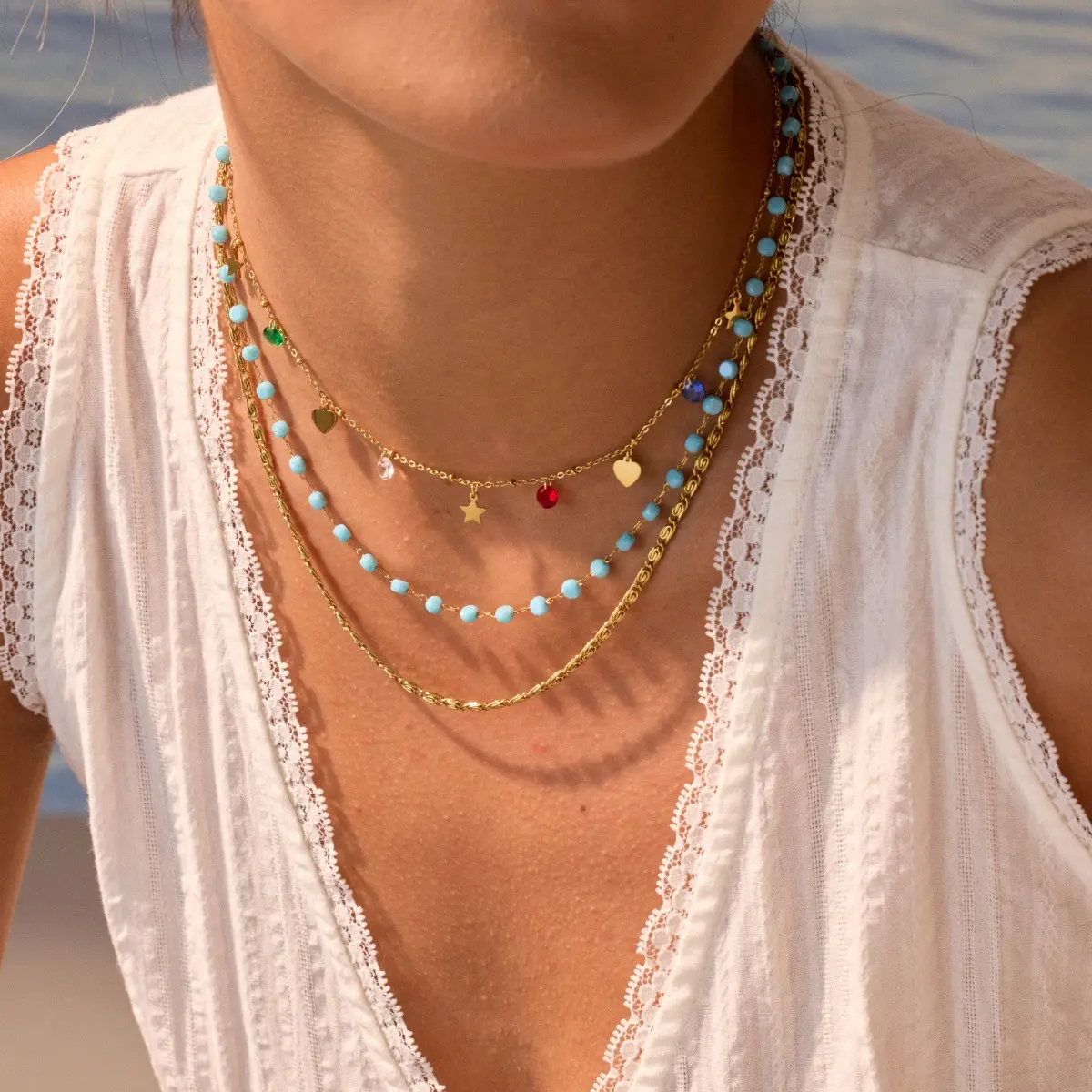 2Pcs Rainbow/Blue/Pink Beaded Layered Necklace & Bracelet Set,  18K Gold Stainless Steel Stackable Jewelry Set, Waterproof Non Tarnish Vacation Accessories For Women
