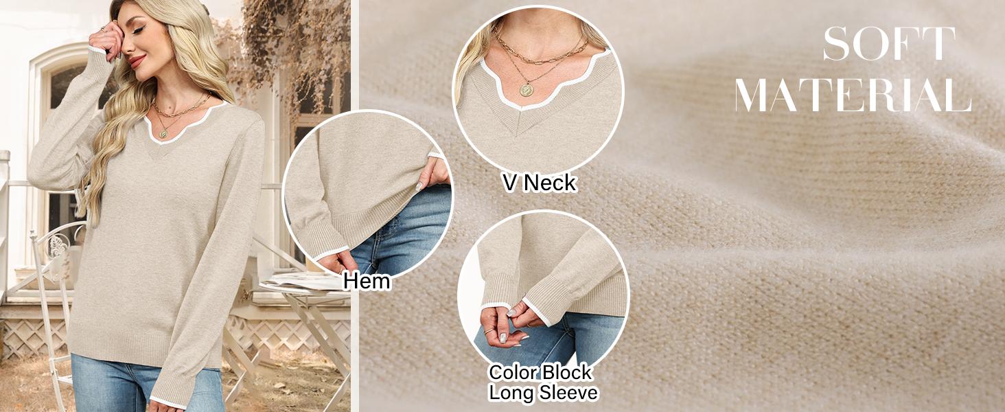 OFEEFAN Women's Soft V-Neck Pullover Sweater Lightweight Knit Top for Layering Casual Apricot Longsleeves