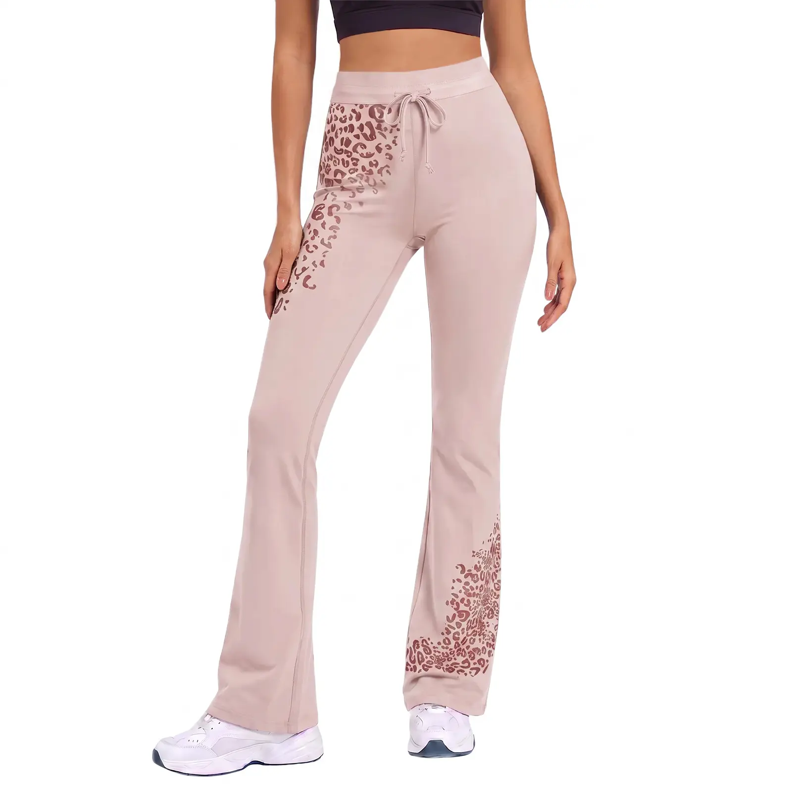 Aoysky Women Leopard Print Flare Yoga Pants, Drawstring High Waist Stretch Knit Workout Leggings Casual Athletic Trousers