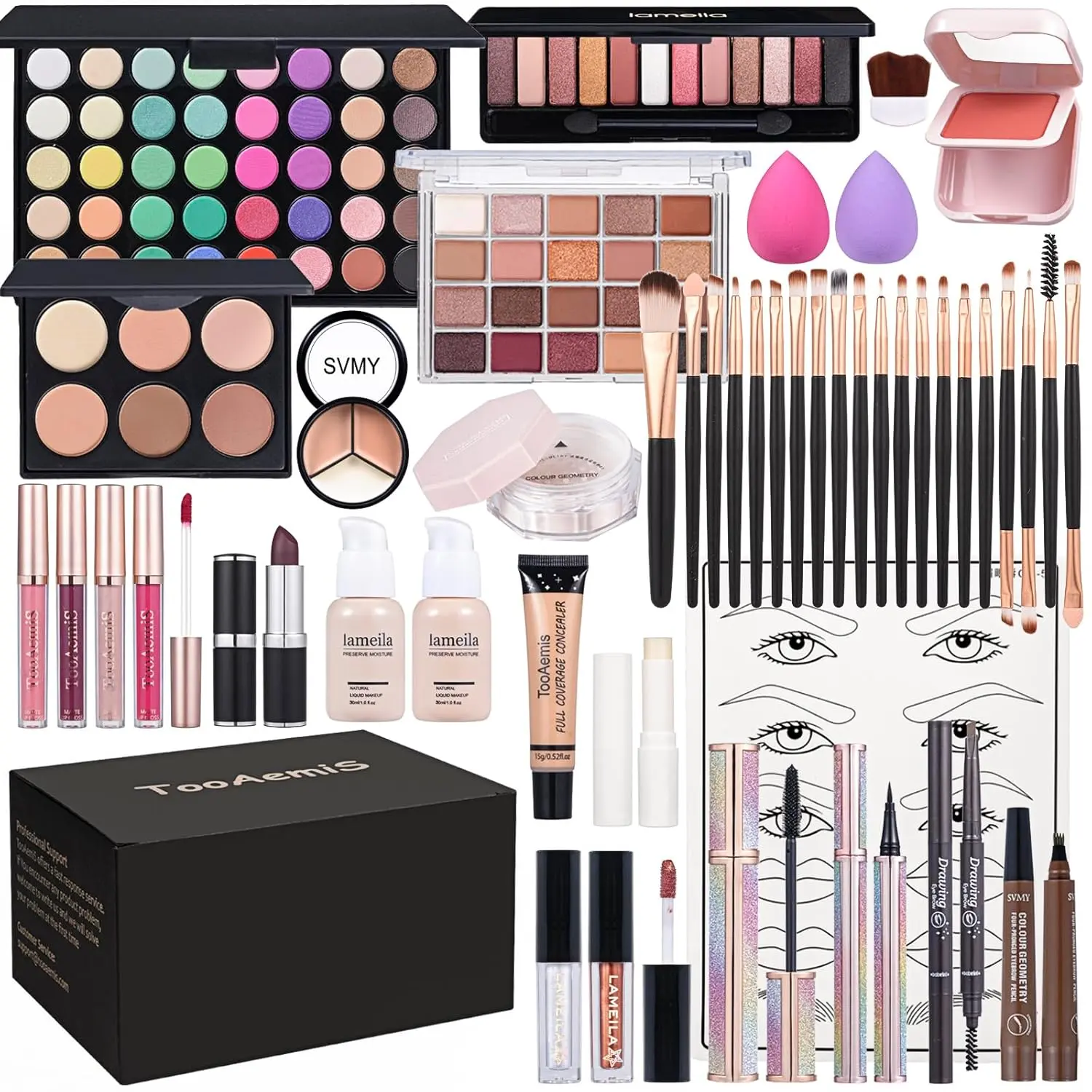 Makeup Set for Women Full Kit Includes, eyeshadow, liquidfoundation,Loose powder,Eyebrow pencil,Lipstick Eye Pencil Makeup BrushesMakeup practice board 4-color lip gloss set
