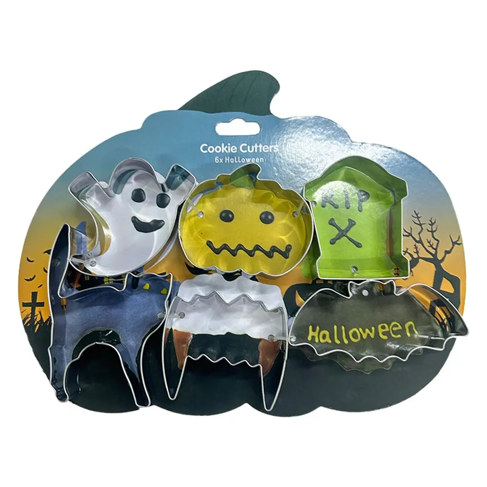6pcs Halloween Stainless Steel Cookie Cutters Set, Pumpkin Ghost Bat Tombstone Cat Zombie Shapes, Biscuit Molds for Halloween Party Baking
