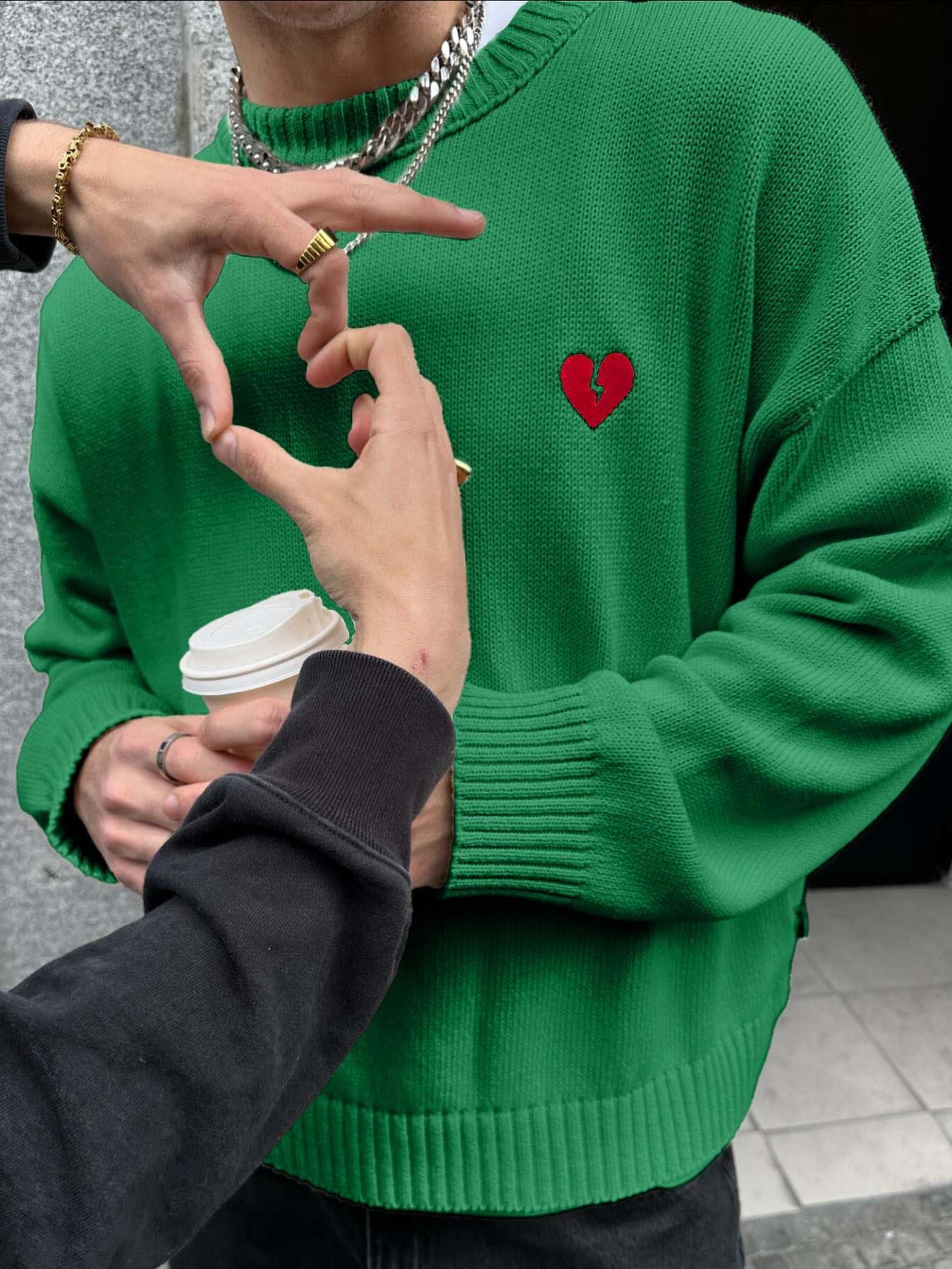 Men's Heart Embroidery Drop Shoulder Sweater, Casual Comfy Pullover, Loose Casual Long Sleeve Round Neck Jumper for Fall & Winter, Fashion Men's Knitwear for Daily Wear