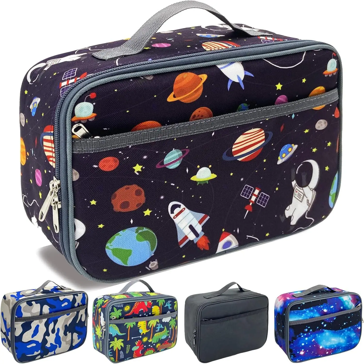 Space Theme Insulated Lunch Bag for Boys (6+), 600D Oxford Fabric, PEVA Liner, Double Zipper, Multi-Pocket, Leakproof Washable, Large Capacity, Insulated Safe, School Outdoor Use