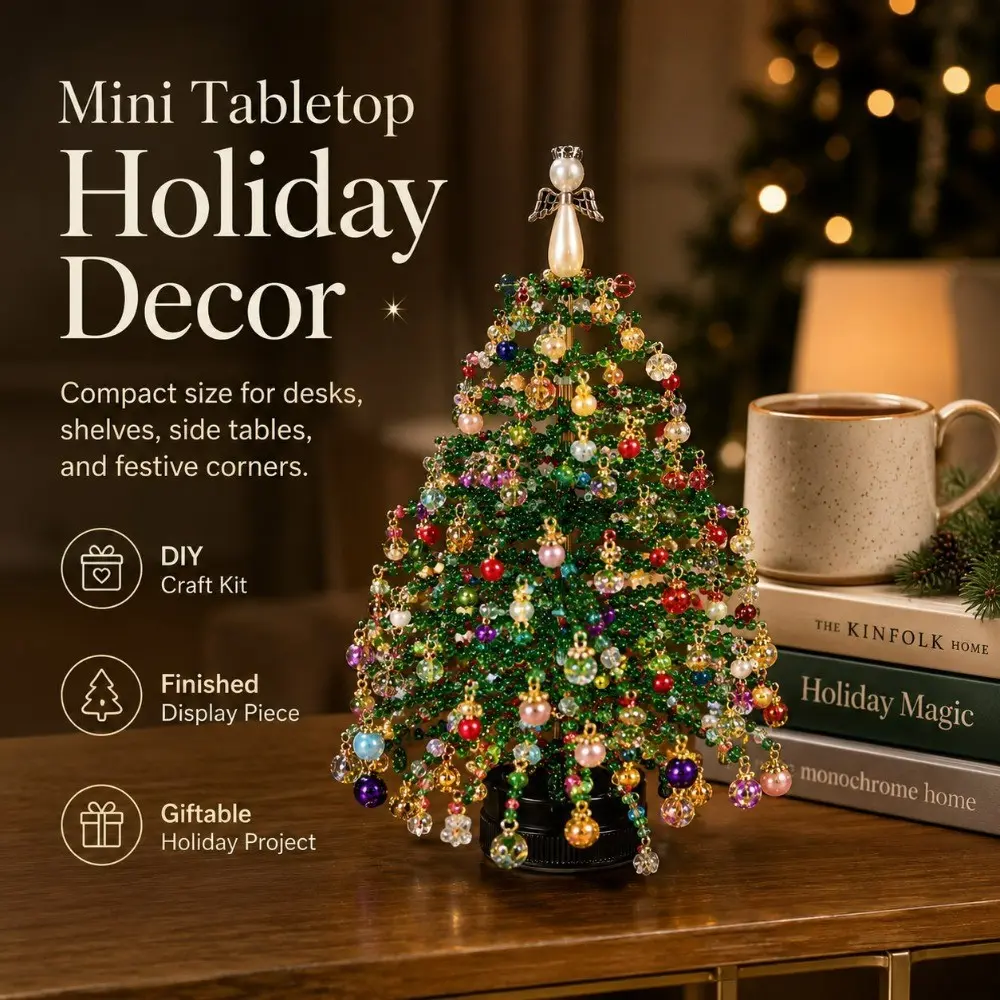Homemade Beaded Christmas Tree Mini Beaded Desktop Christmas Tree Handmade Kit, Colored Pearl Small Christmas Tree Desktop Holiday Decorations for Tables, Bookshelves, And Interior Home Decor