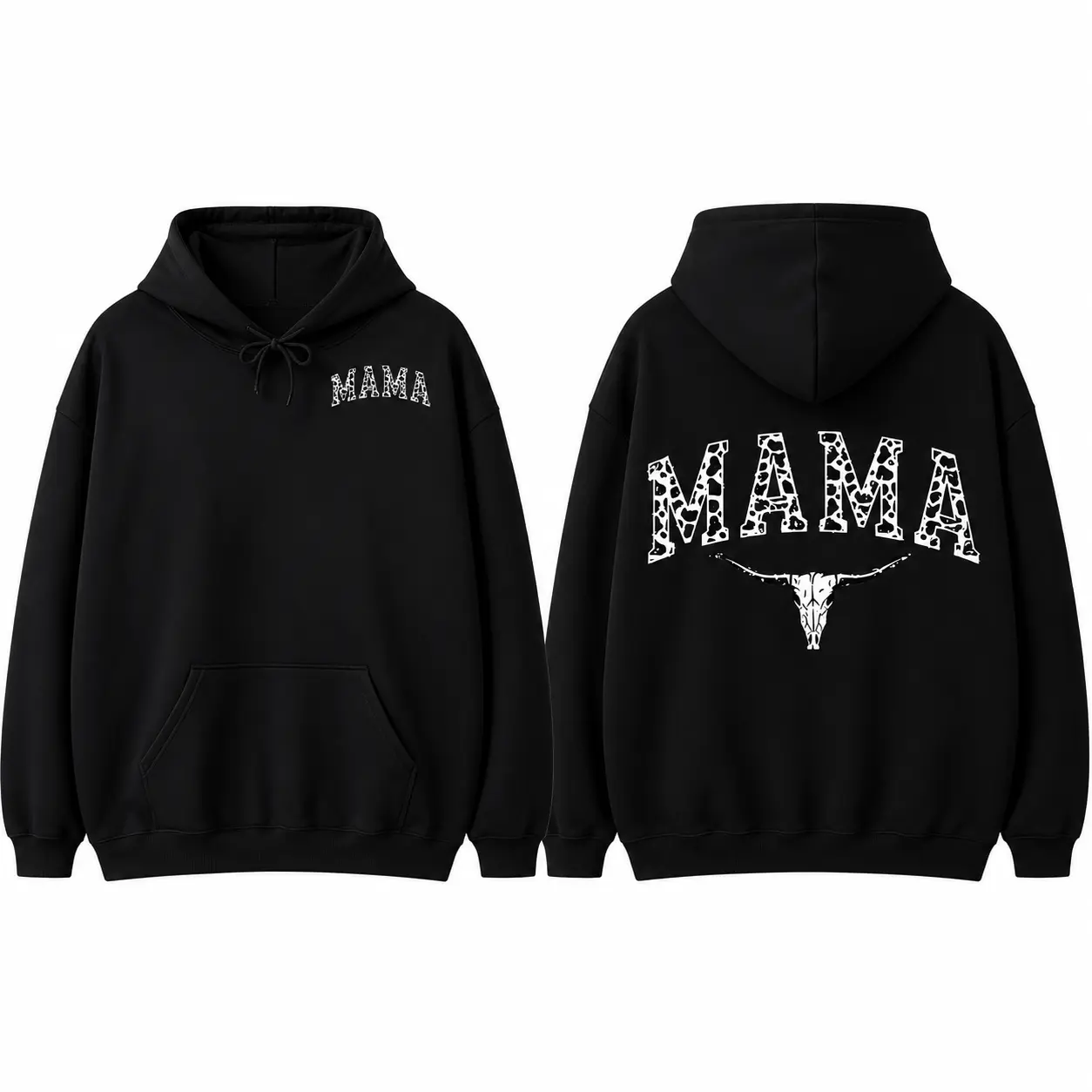 Women's Soft Western Leopard Print Mama Hoodie, Cow Skull Graphic Apparel, Trendy Country Mom Fit Long-Sleeve Black Sweatshirt, Western Stuff Hoodies for Women, Womens Gifts, Gifts For Women