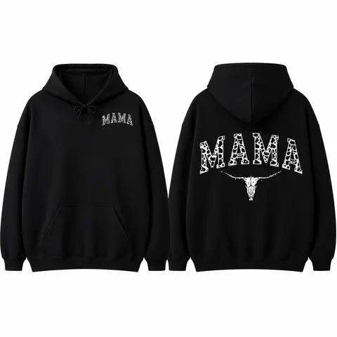 Women's Soft Fabric Western Leopard Print Mama Hoodie - Long-Sleeve Loose Garment, Cow Skull Graphics, Country Mom Fit Crewneck Sweatshirt, Black Western T-Shirt, Customized Unisex Sports Top, Women's Gift Item