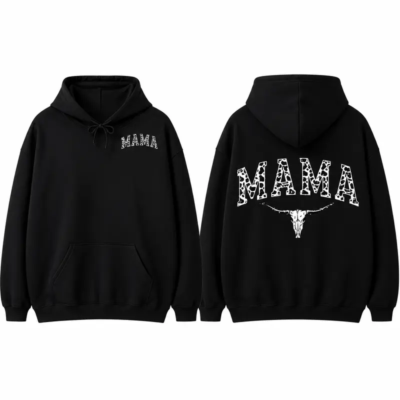 Women's Soft Fabric Western Leopard Print Mama Hoodie - Long-Sleeve Loose Garment, Cow Skull Graphics, Country Mom Fit Crewneck Sweatshirt, Black Western T-Shirt, Customized Unisex Sports Top, Women's Gift Item