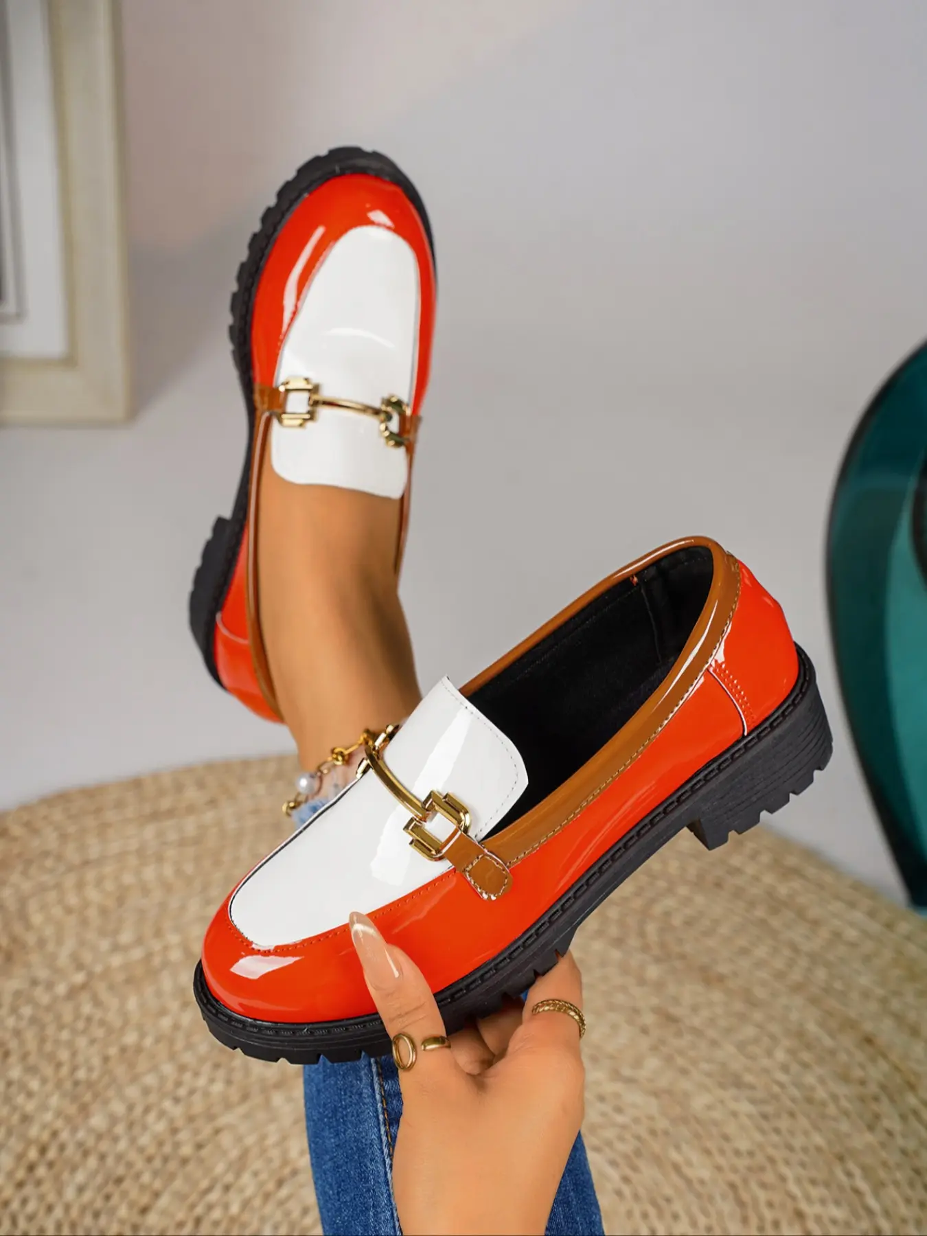 Women's Color Block Patent Leather Slip-On Loafers, Buckle Decor, Casual Vintage British Style, Versatile Footwear for Daily Commute, Shopping, Dating & Multiple Occasions