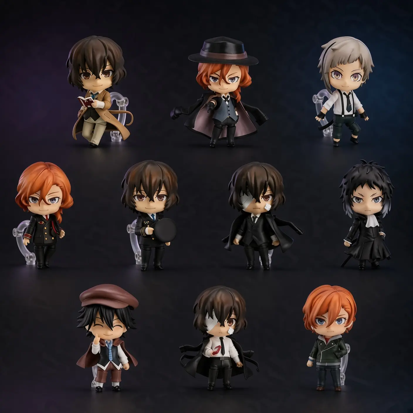Bungo Stray Dogs Chibi Action Figure Set, 10 Versions Dazai Chuya Atsushi Akutagawa Rampo Sold Separately, Movable Swap Face Anime Figurines with Outfit Accessories, Boxed Collectible Desktop Display Toy Gift for BSD Fans