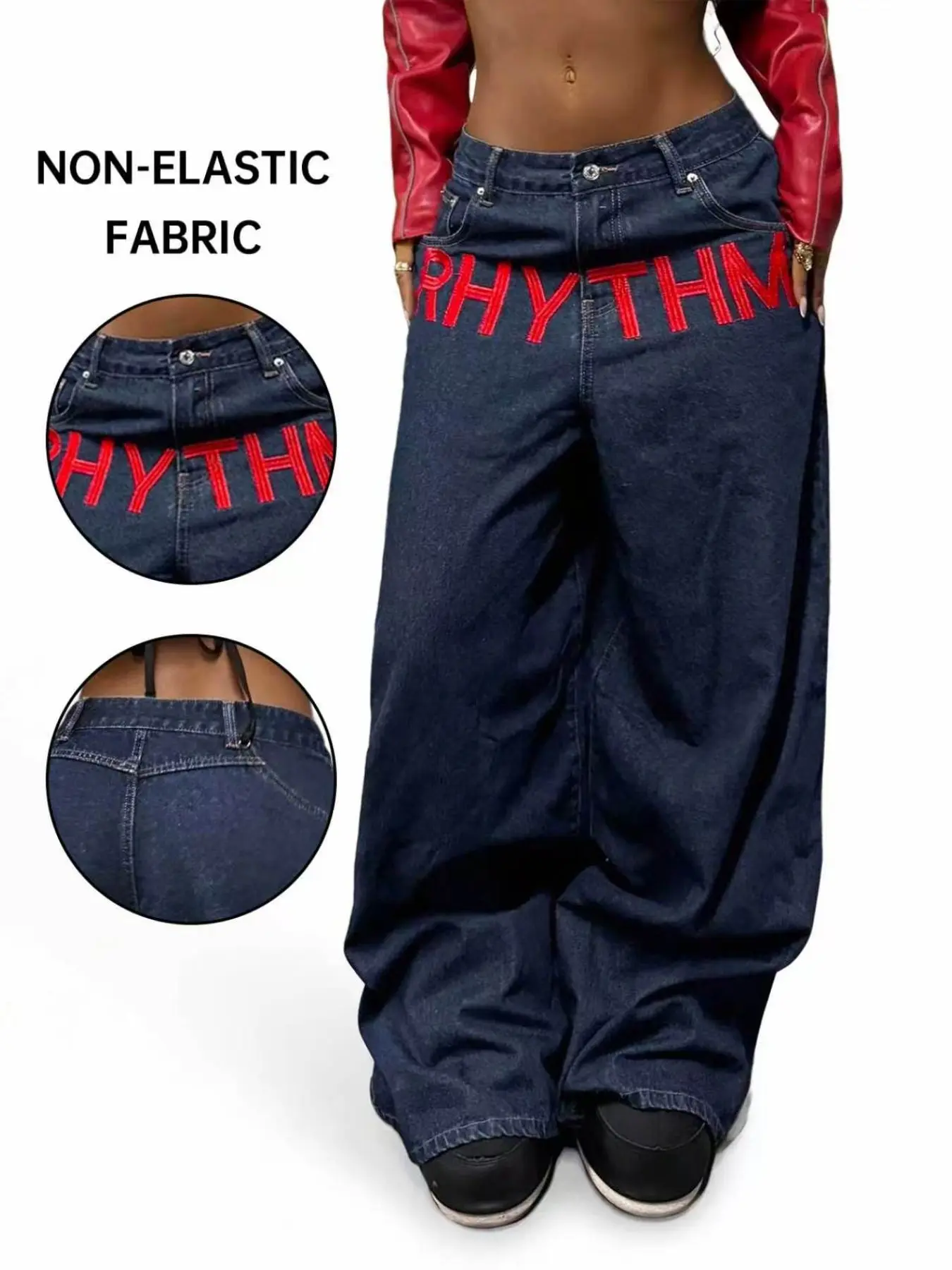 Women's Wide Leg Jeans, Casual Letter Embroidery, American Street Style, Low Waist Loose Fit, Fall & Winter Essential, Daily Wear