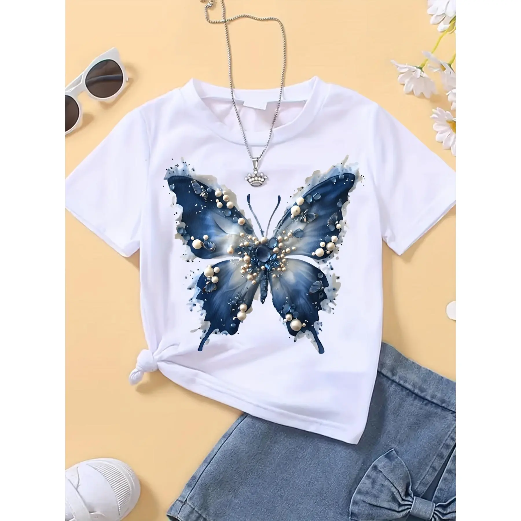1pc Girls' Short Sleeve T-Shirt, Spring Summer Autumn Versatile Trendy Butterfly Print Casual Comfortable Outerwear Top