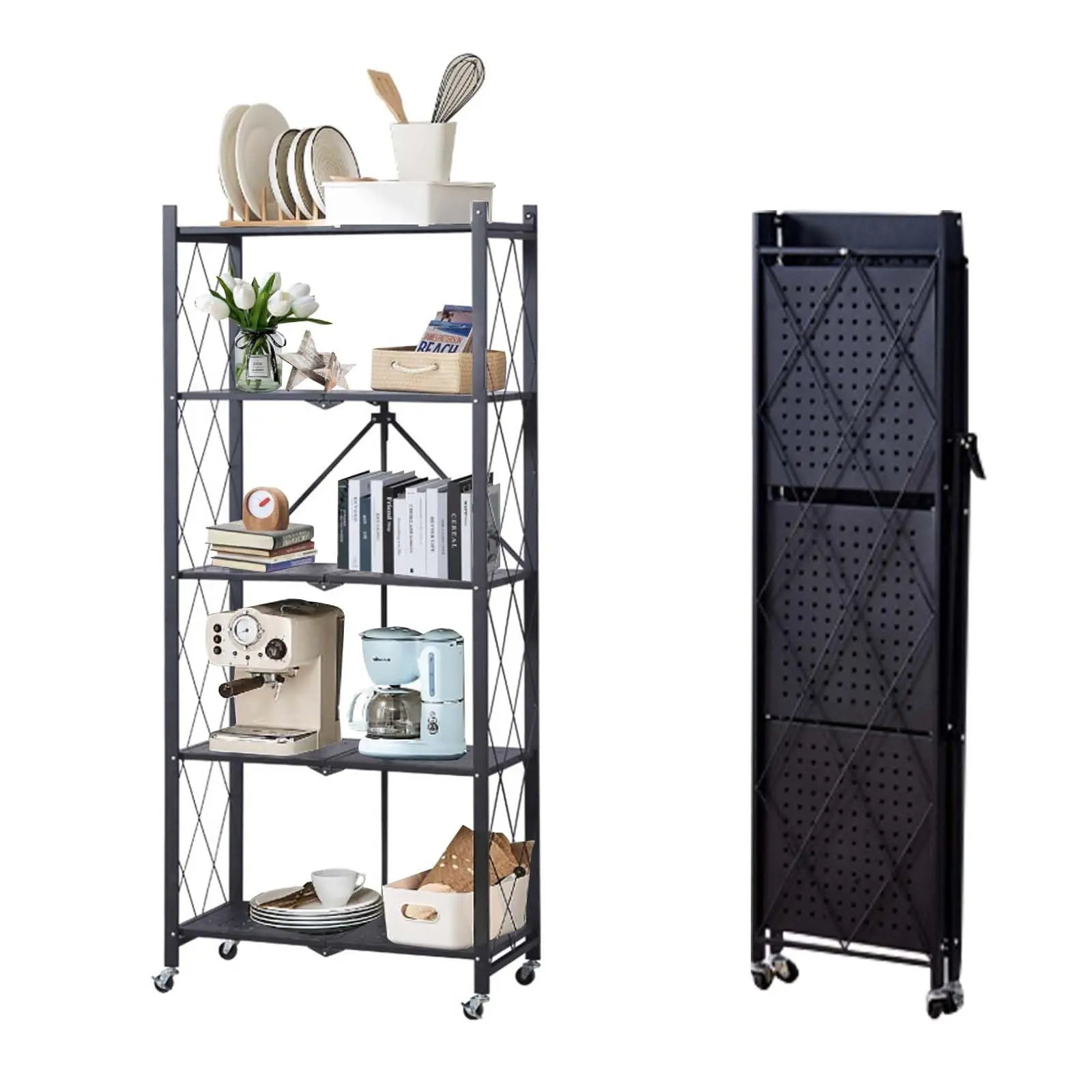 Heavy Duty Collapsible Metal Storage Shelves with Wheels - 5-Tier Rolling Utility Rack - No Assembly Required - 300kg Capacity - Space-Saving Kitchen, Pantry, or Garage Organizer