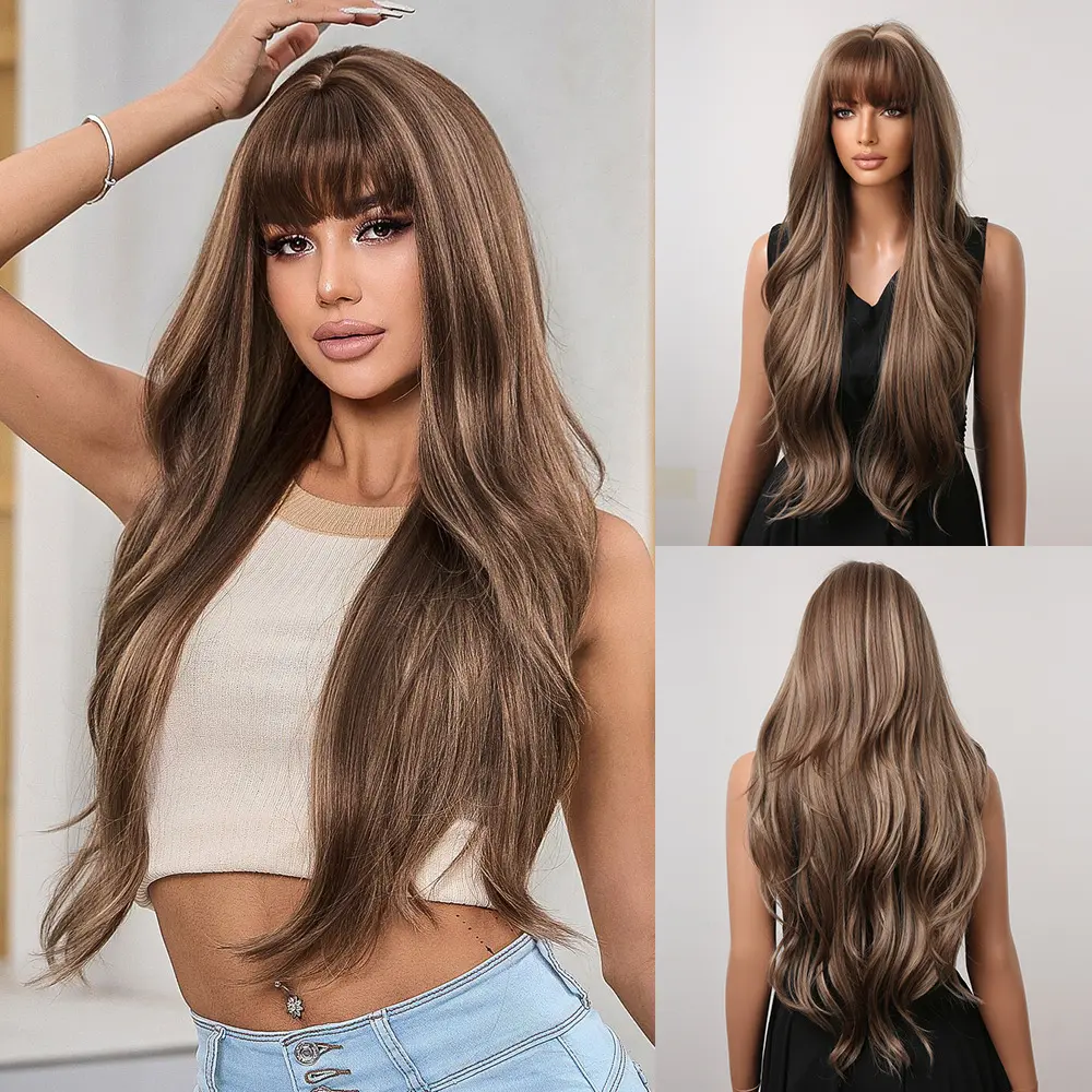 Synthetic Full Machine Wig - European & American Hot Export, Long Curly Big Waves with Bangs, Chestnut Brown Ombre Gradient Heat Resistant Synthetic Hair Wig Cap, Heat Resistant Wig