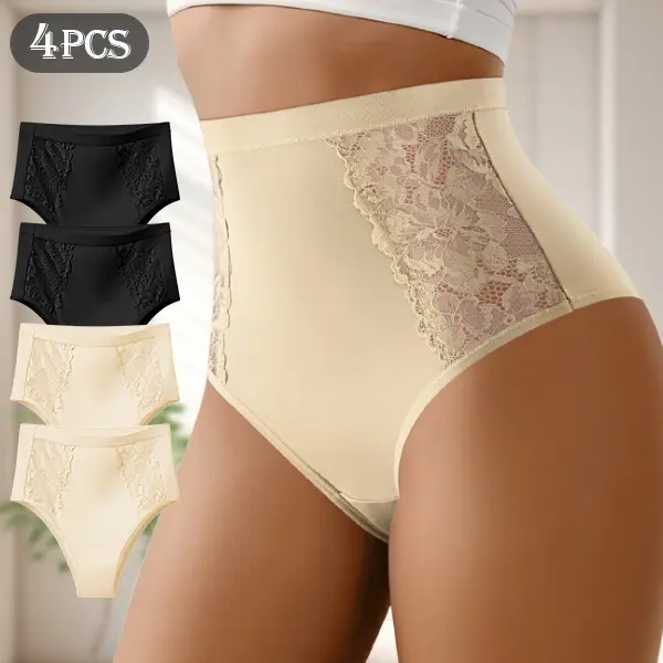 QUASTI Women's High-Rise Lace Briefs (4PCS) - Elastane, Foldable, Chic, Casual, Smooth Seam-Friendly, Soft, Breathable & Sweat-Free, Stretchy Underwear for Curvy Women, S-XXL, Ultra Soft Briefs, Shaping Panties Briefs