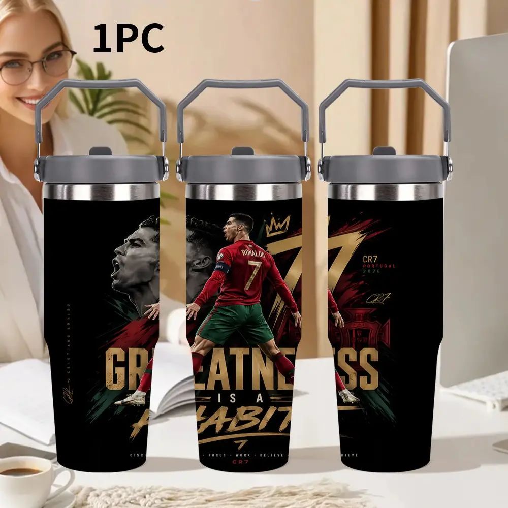 1pc 30oz/20oz Stainless Steel Water Bottle, Cristiano Ronaldo Pattern Design, Ideal for Hot and Cold Beverages, Perfect for Home, Travel, and Outdoor Activities, ideal gift for friends who love football.
