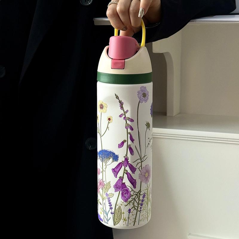 Flower Pattern Vacuum Flask, 1 Count Portable Insulated Water Bottle with Straw, Summer Cool Bottle Drinking Cup for Home Office School Outdoor Camping, Drinkware