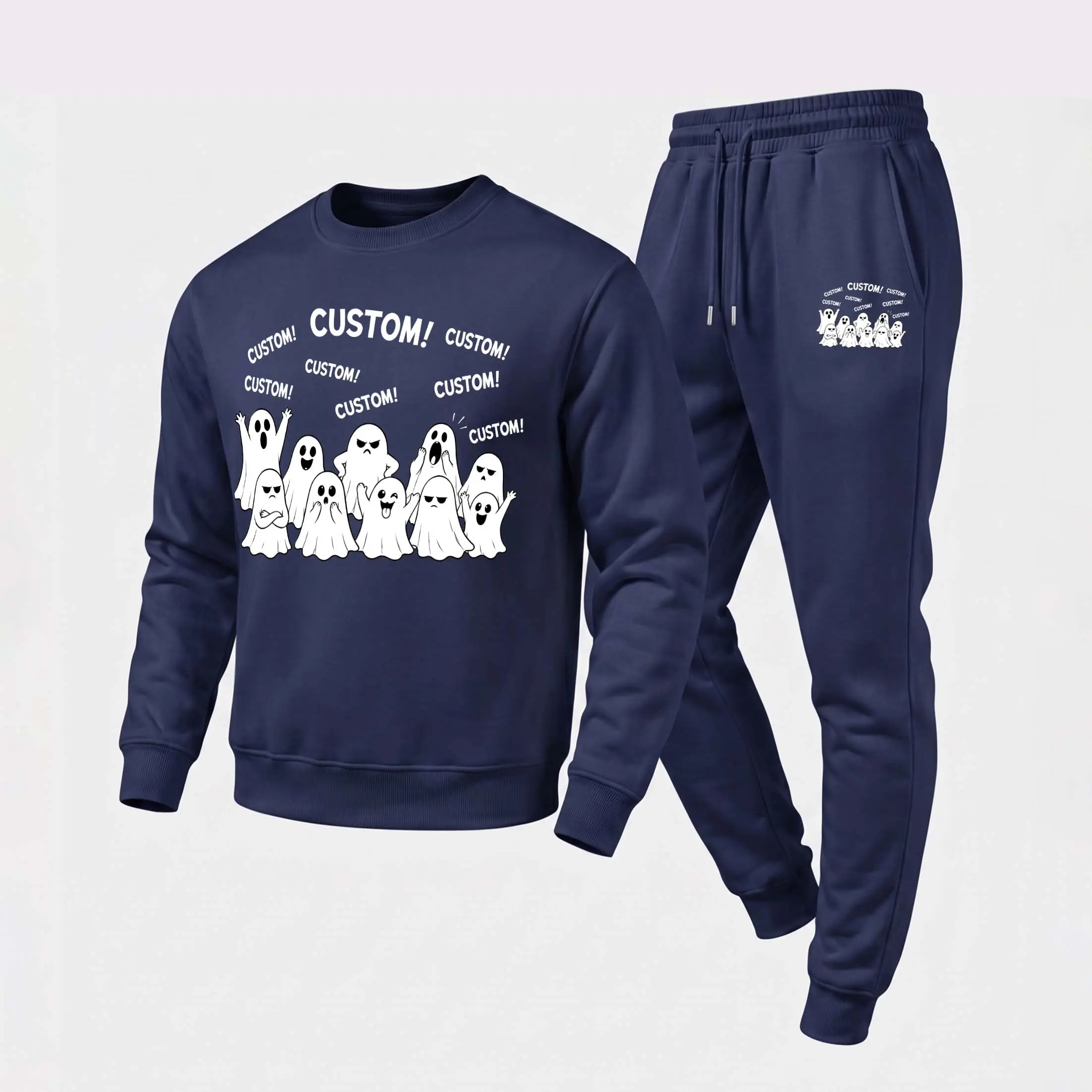 Men's Cute Ghost Pack Funny Ghosts Halloween Crewneck Sweatshirt and Jogger Pants Set, Casual Long Sleeve Pullover with Drawstring Sweatpants, Fall Winter Tracksuit for Daily Wear, Travel, Lounge, Workout and Indoor Outdoor Activities
