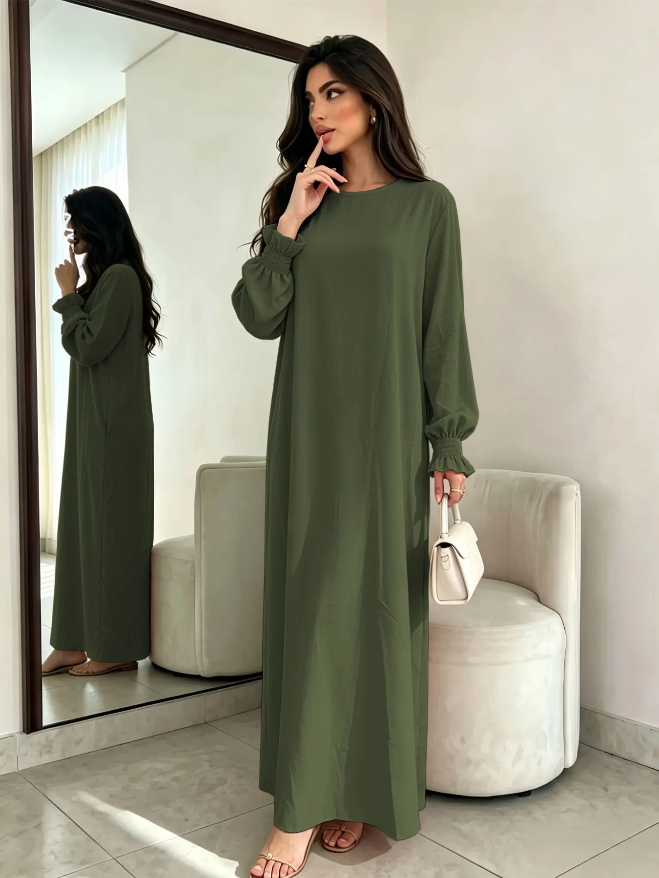 Elegant Crew Neck Ruffle Cuff Long Sleeve Modest Abaya Dress, Oversized Comfortable Islamic Maxi Gown, Middle East Daily Street