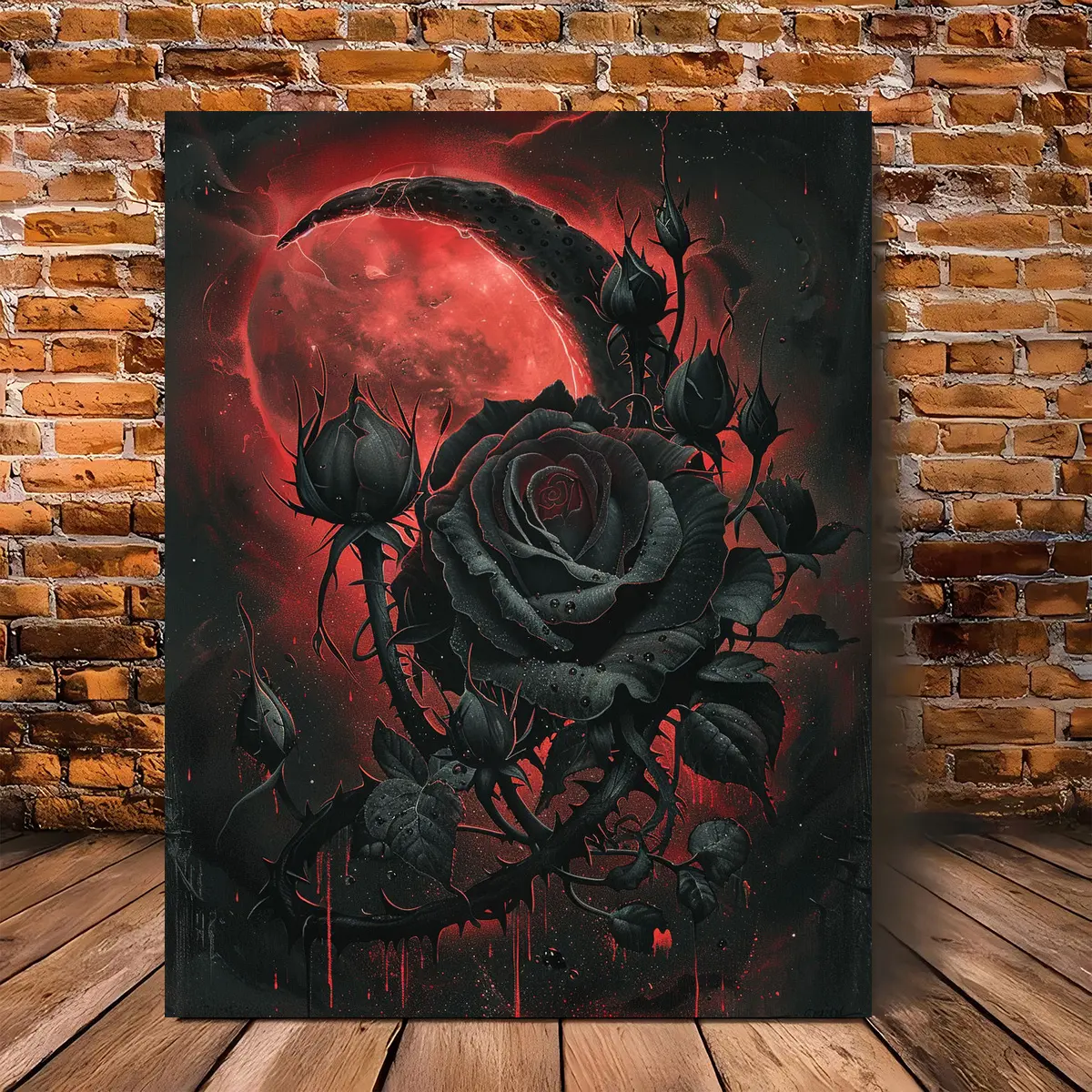 1 Piece Artistic Gothic Black Rose-Red Moon Canvas Painting - Burgundy-Black Wall Decor with Thorns,Branches,Dripping Effect - Wooden Framed Dark Aesthetic Victorian Home Art - Ideal Gothic Gift for Living Room,Bedroom