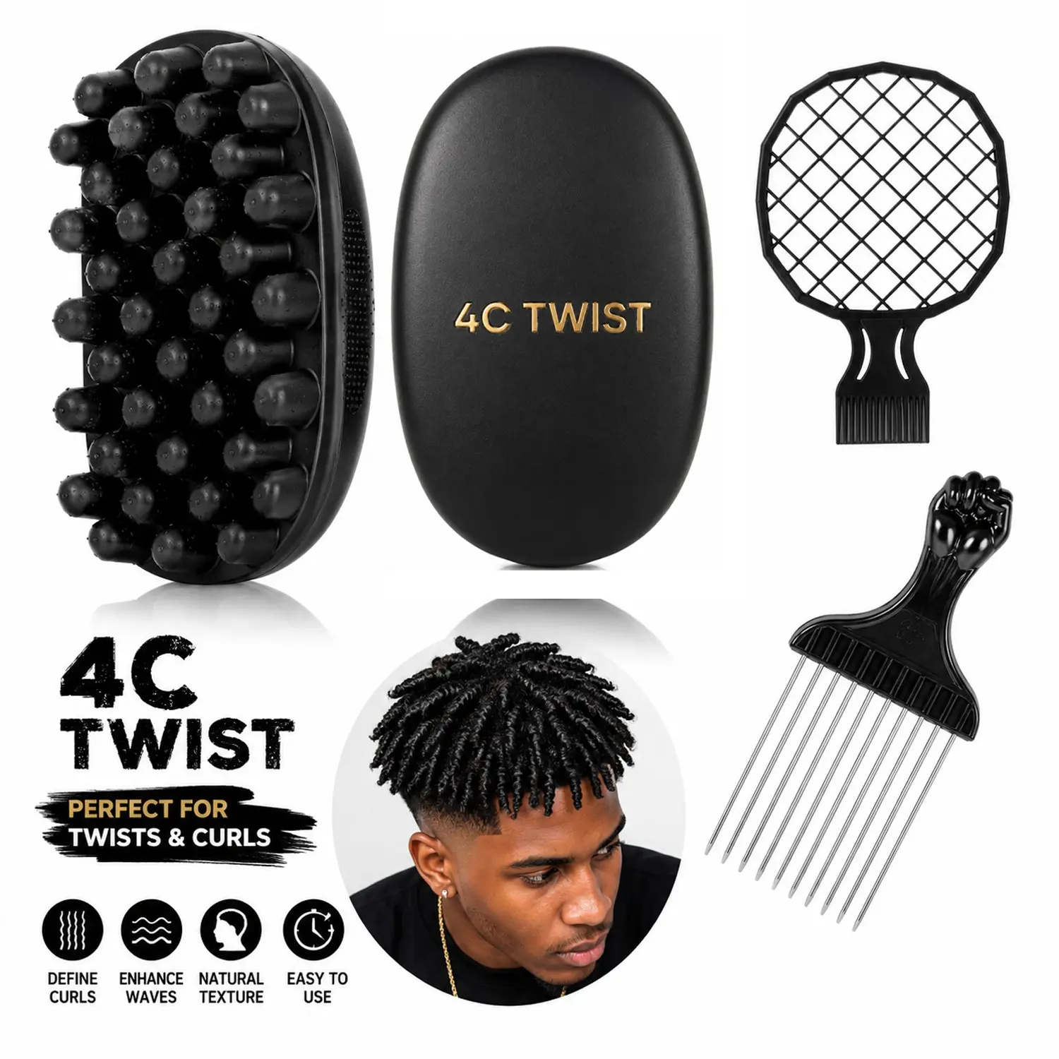 4C Twist Sponge Hair Styling Kit for Men, Curl Sponge Brush with Afro Pick Comb & Twist Comb, Dreadlock Sponge for Coils, Curls, Waves & Locs, Barber Hair Texturizing Tool Set for Black Men